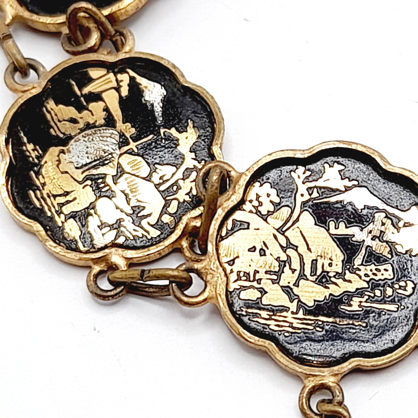 Authentic Japanese Damascene Bracelet - Vintage 6.5" Link Style - Black Gold Inlay
