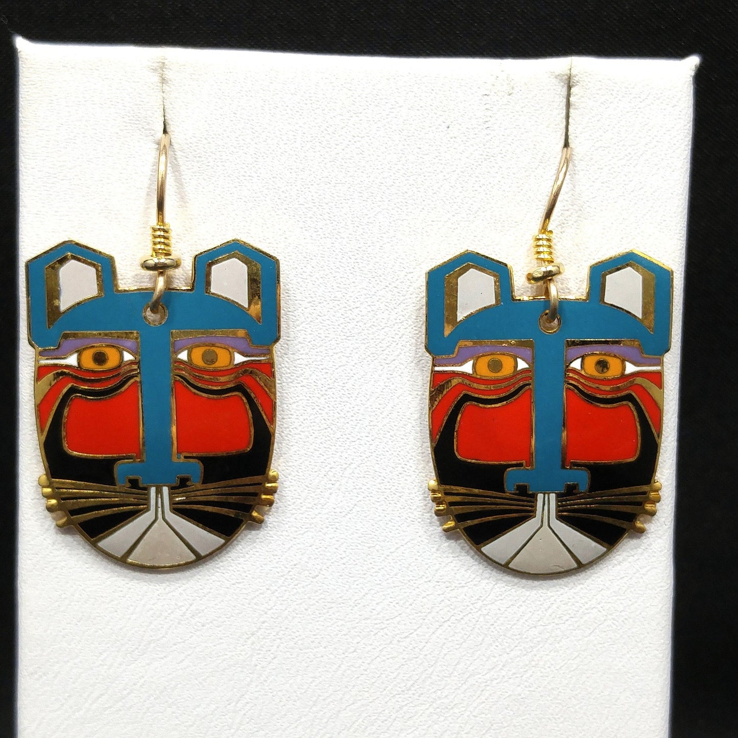 Laurel Burch "Miikio" Earrings, Gold Plated Enamel Large Cat Faces, 1980s Vintage Jewelry