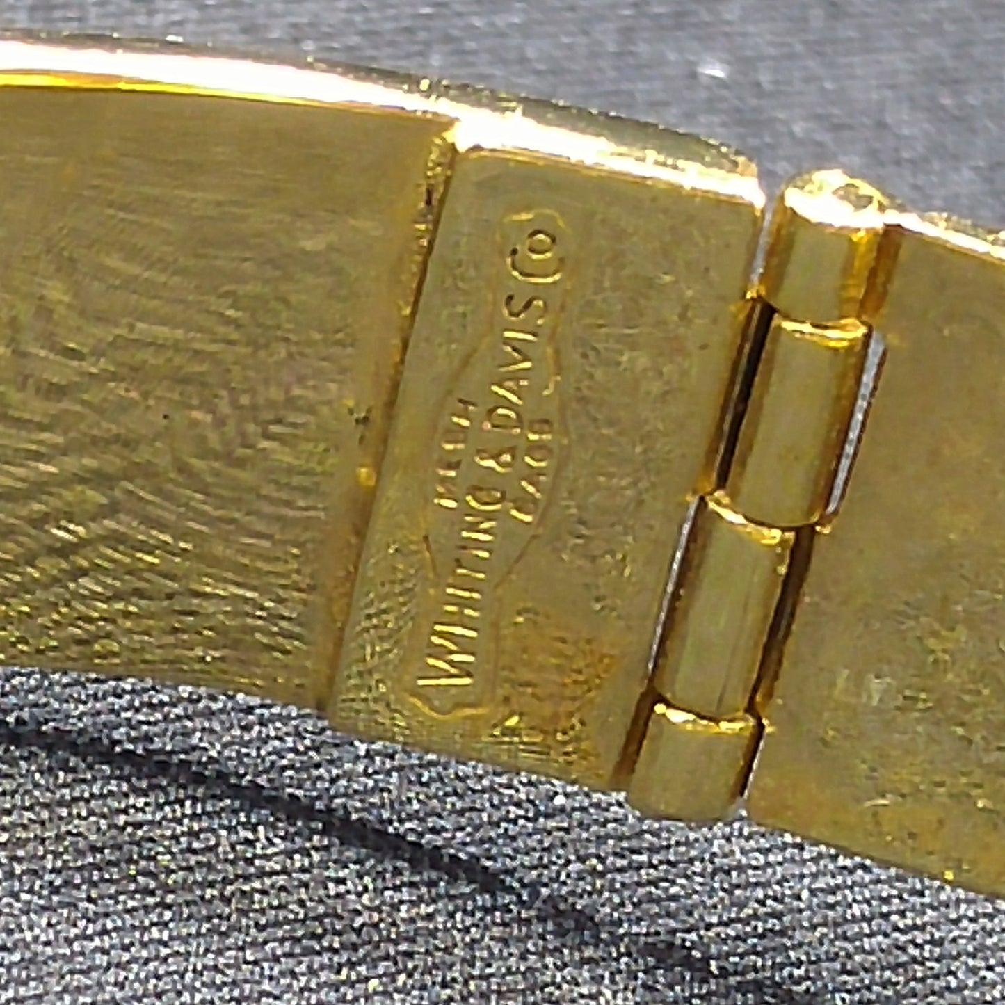 Whiting & Davis Gold Plated Hinged Bracelet, Safety Chain, Snap Lock Clasp, 1960s Vintage Jewelry