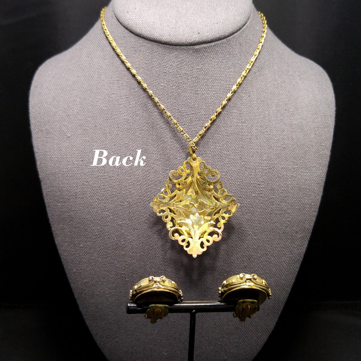 Whiting & Davis MOP Pendant Necklace Clip Earrings Set, 1950s Vintage Jewelry