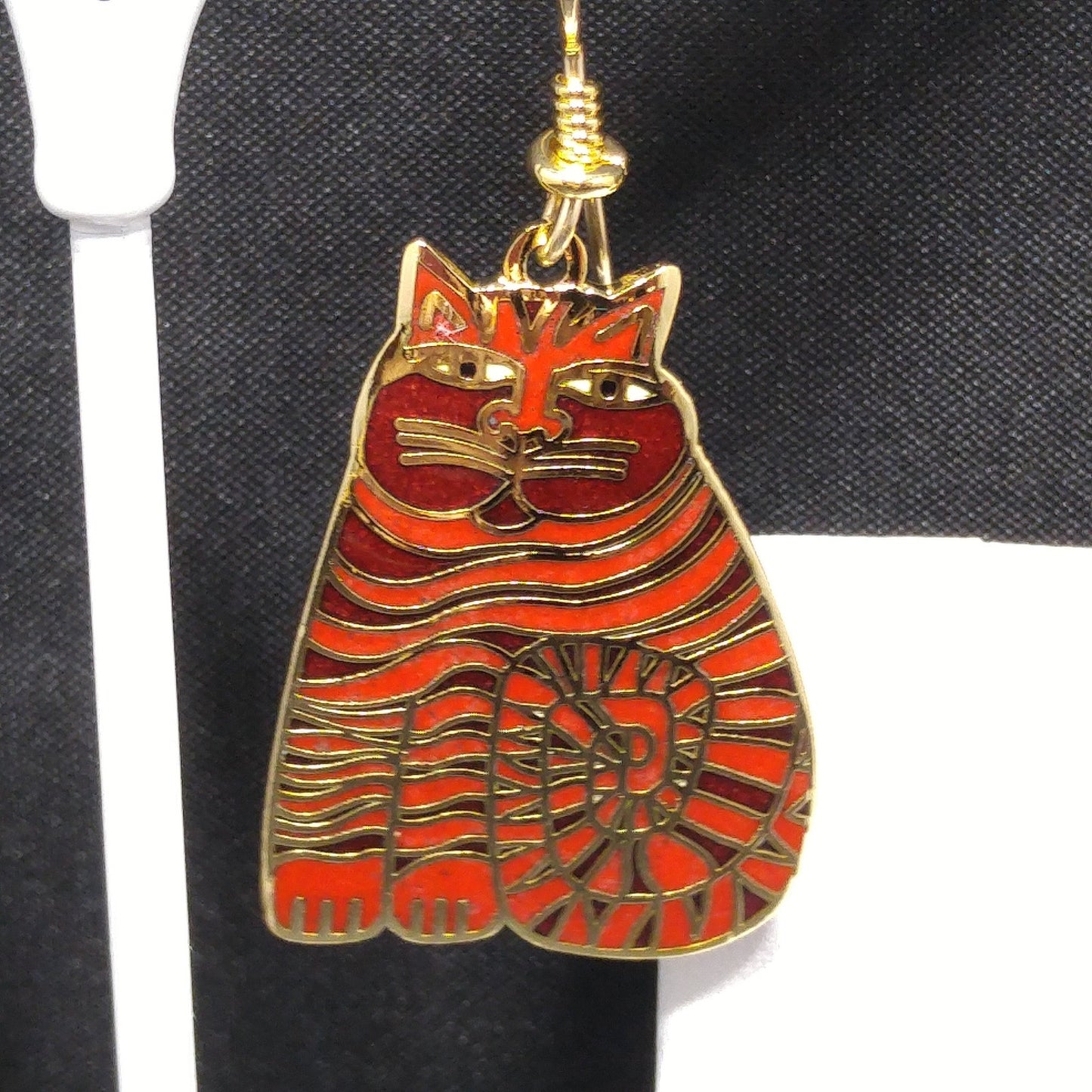 Laurel Burch "Shambala" Red Cat Brooch & Earrings, Gold Plated Cloisonné Enamel, 1980s Vintage Jewelry