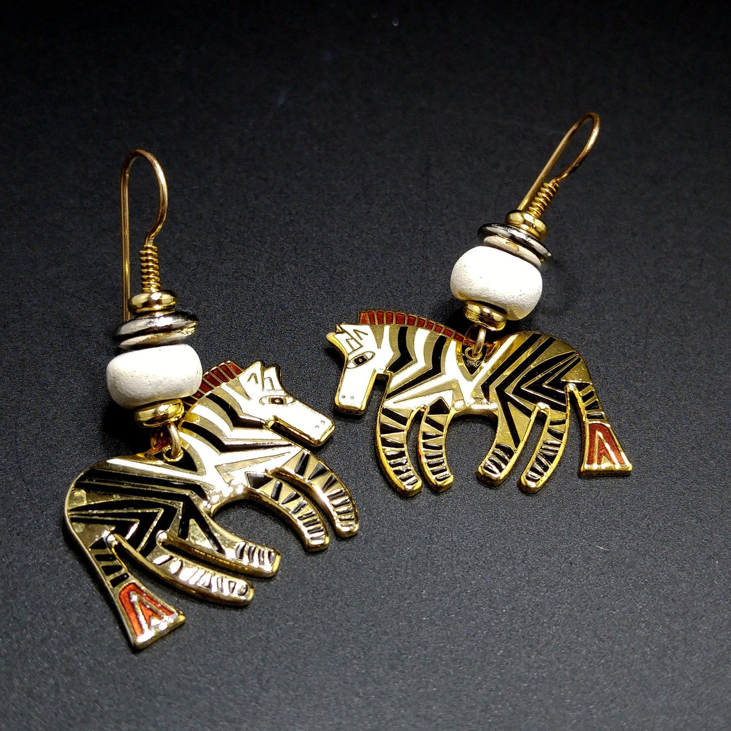 Laurel Burch "Wild Zebra" Earrings, Black White Enamel, Gold Plated, 1980s Vintage Jewelry