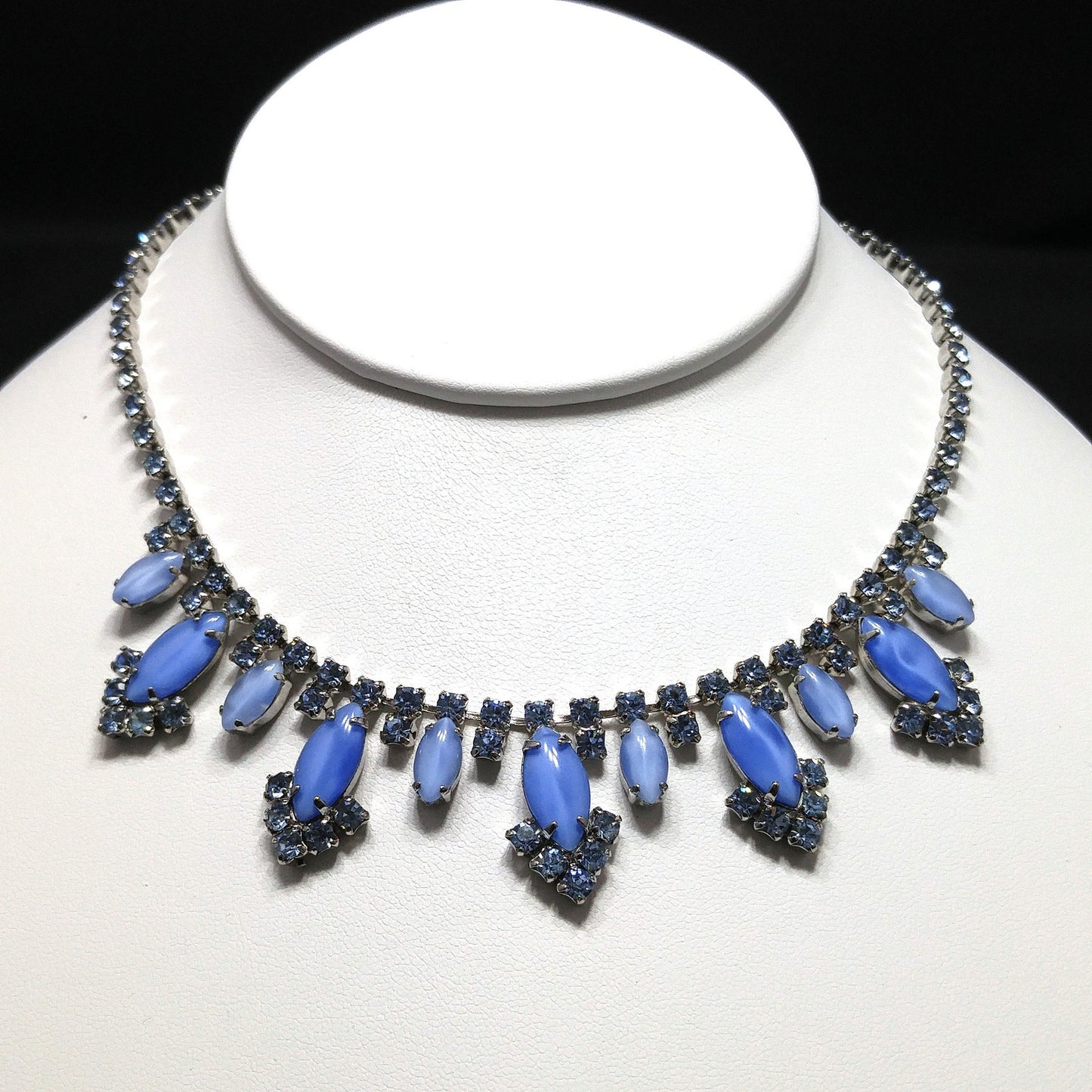 Blue Art Glass Rhinestone Necklace, Rhodium Plated, 1960s Vintage Jewelry