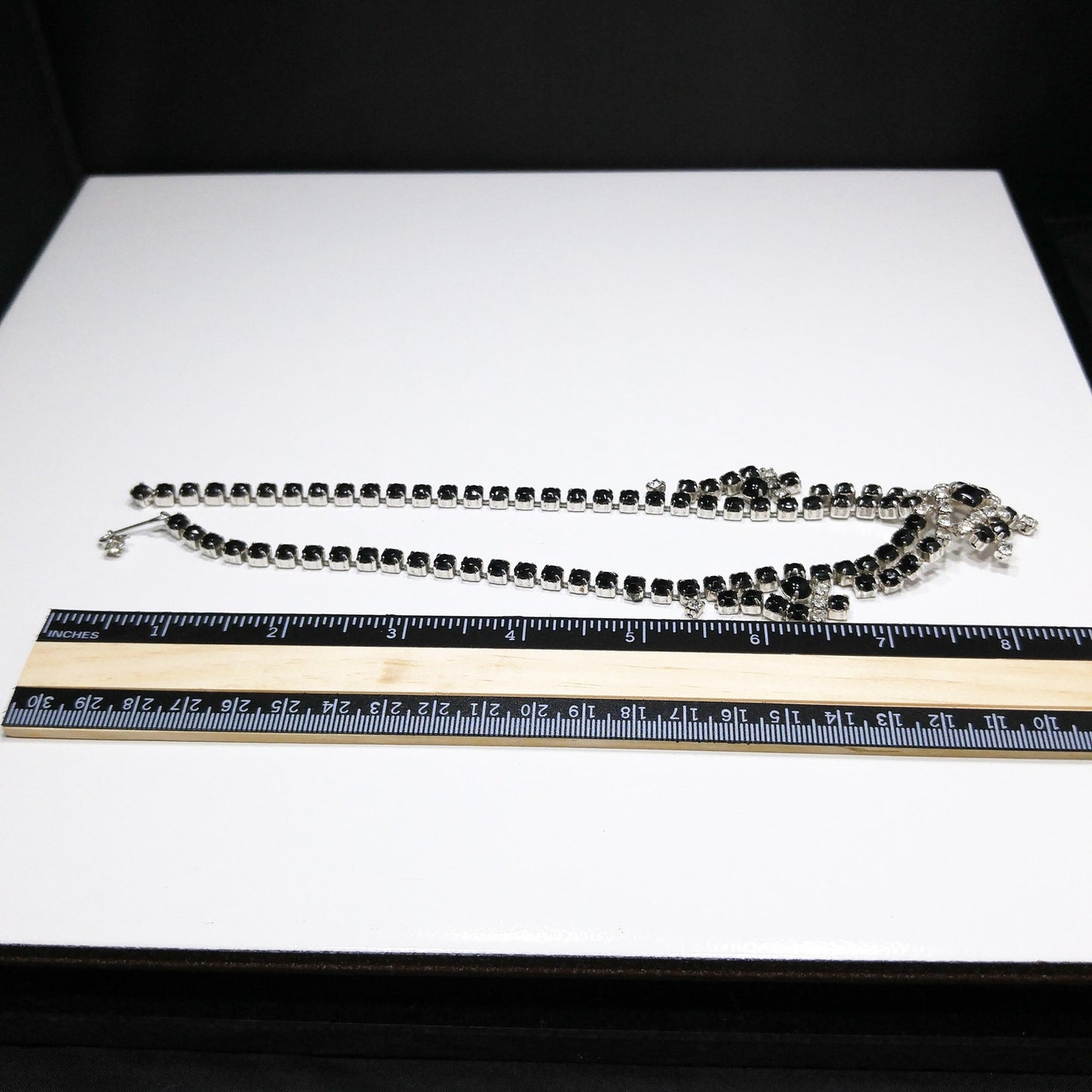 Vintage Black & Clear Rhinestone Festoon Necklace, Rhodium Plating, 1950s