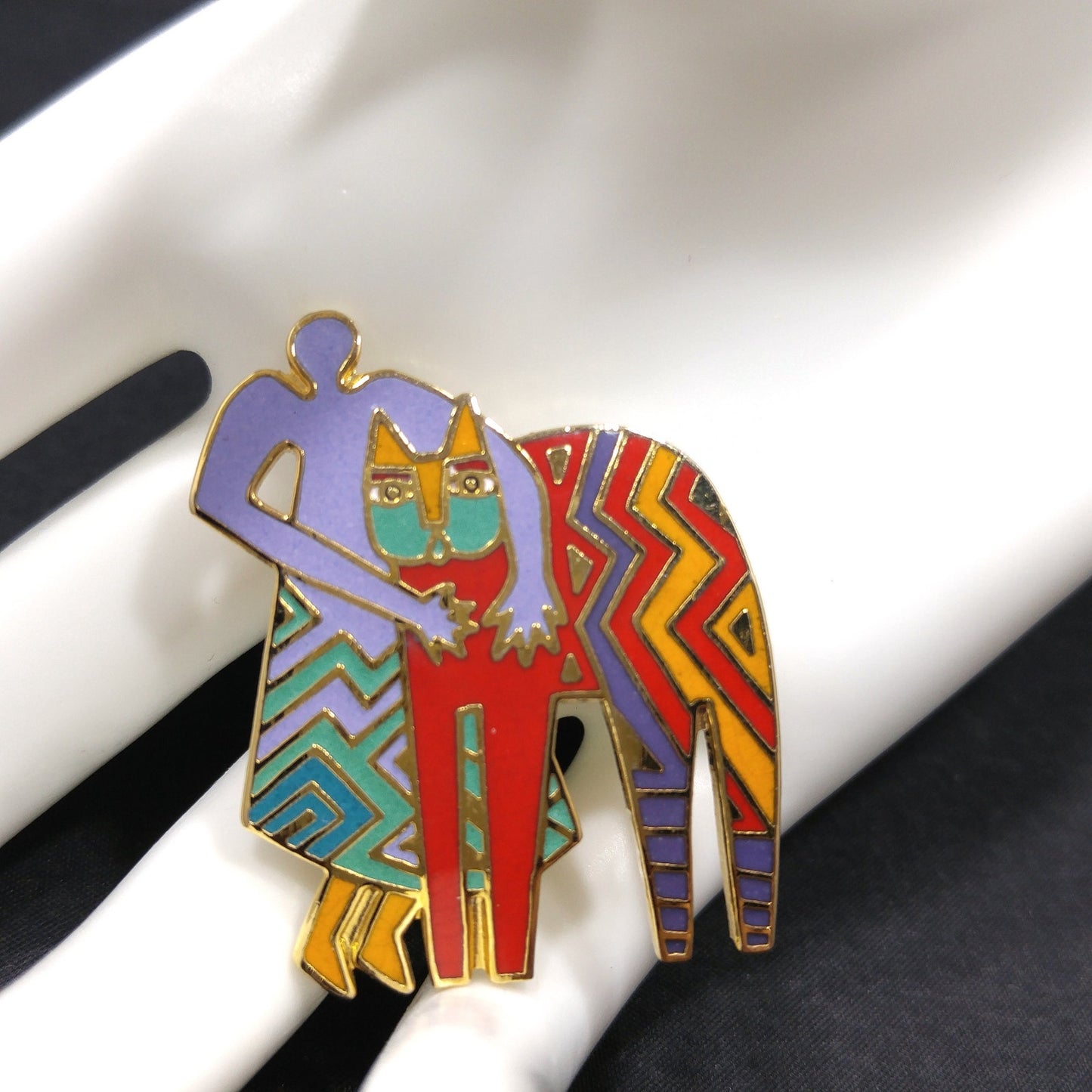 Laurel Burch Vintage "Best Friends" Brooch, Gold Plated Cloisonne Enamel, 1980s Vintage Jewelry