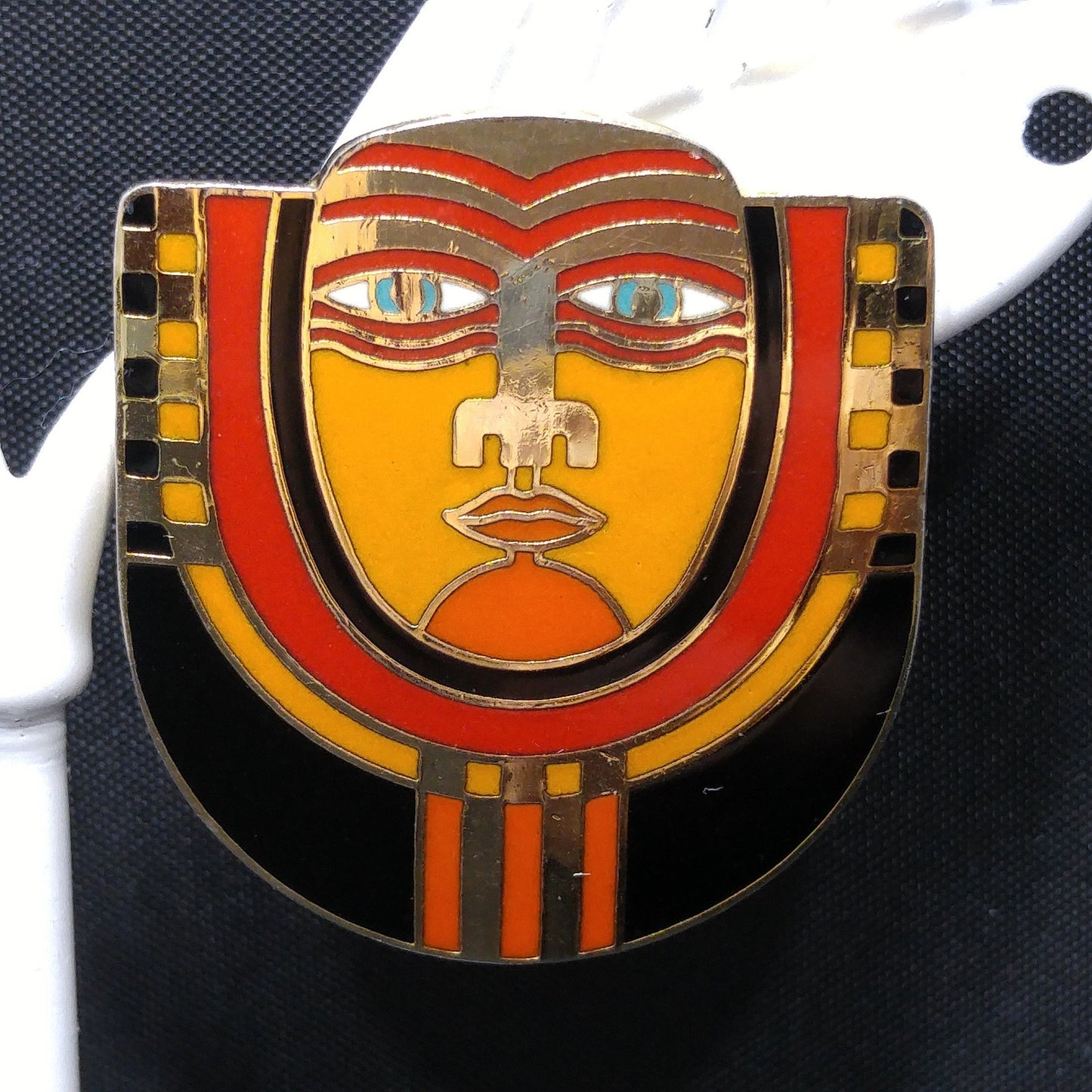 Laurel Burch "Maori" Tribal Face Mask Post Earrings, Cloisonne Enamel, 1980s