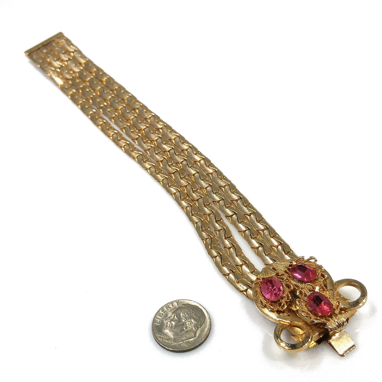 Pink Rhinestone Curb Chain Bracelet, Gold Plated, 1960s Vintage Jewelry