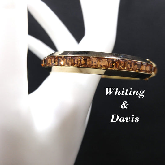 Whiting & Davis Topaz Square Rhinestone Hinged Bracelet, Bezel Set, 1960s Vintage Jewelry