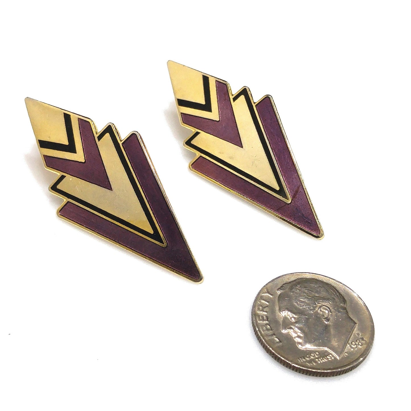 Vintage Laurel Burch Post Earrings, Gold Plated, Plum Black Enamel