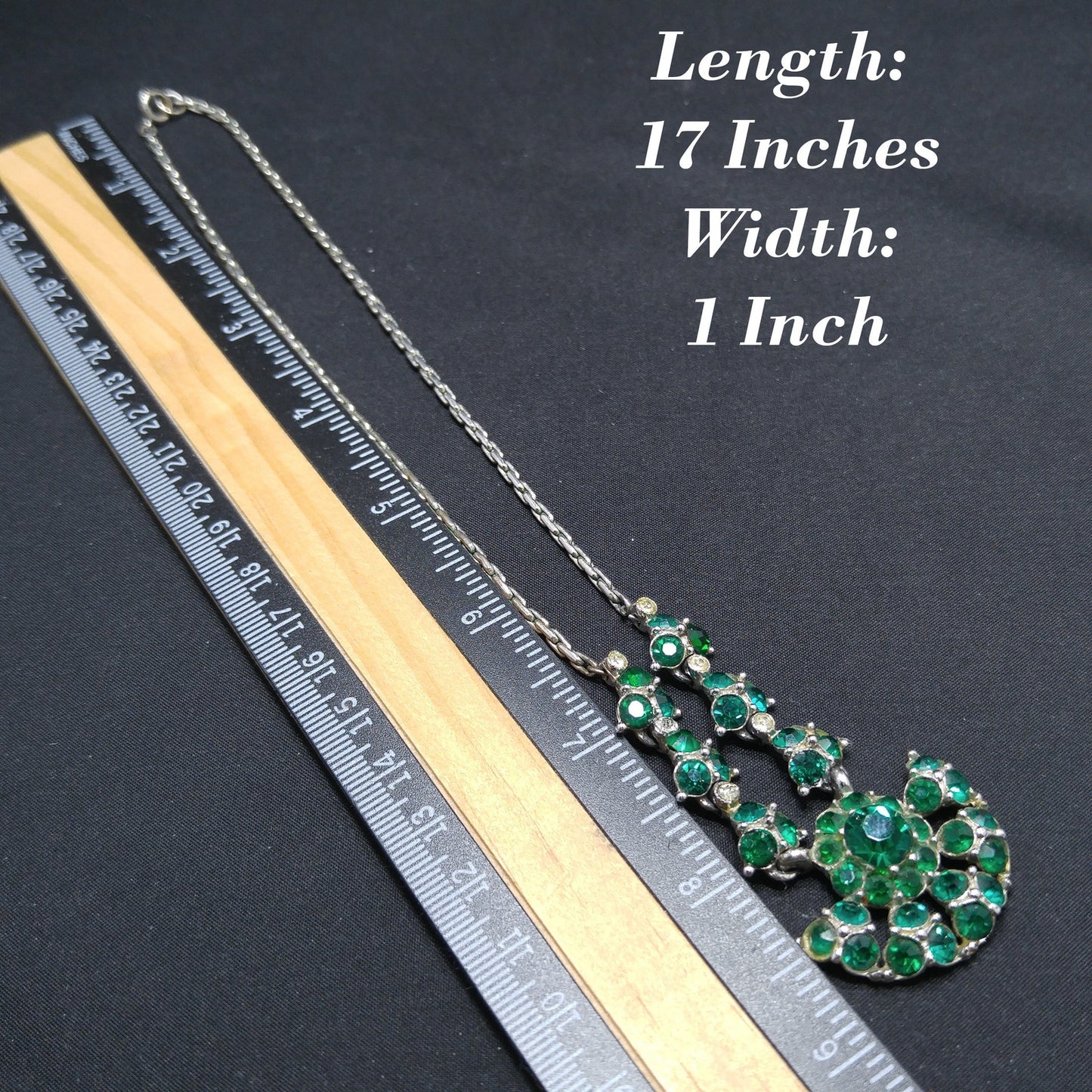 Bogoff Green Rhinestone Pendant Choker Necklace, Rhodium Plated, 1940s Vintage Jewelry