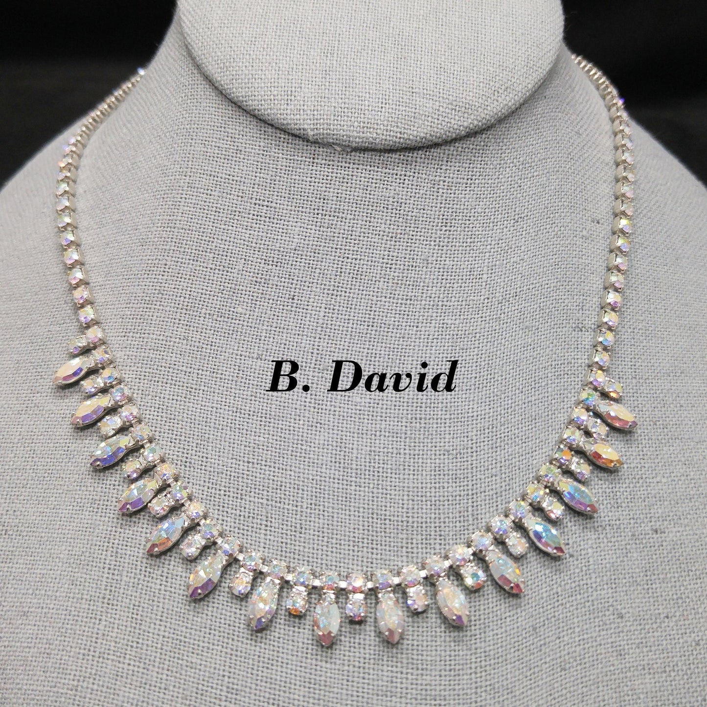 B. David Aurora Borealis Rhinestone Necklace, Rhodium Plated, 1960s Vintage