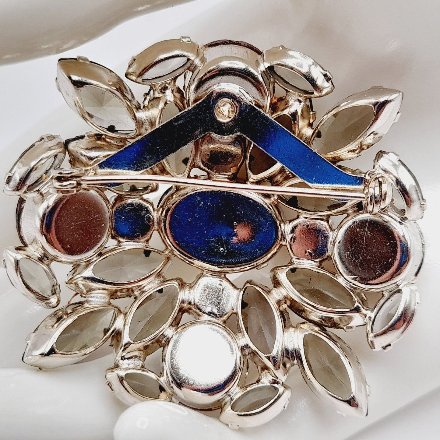 Vintage Rhinestone Brooch, Red Aurora Borealis Pin, Smoky Gray Navettes, 1960s Mid-Century Jewelry