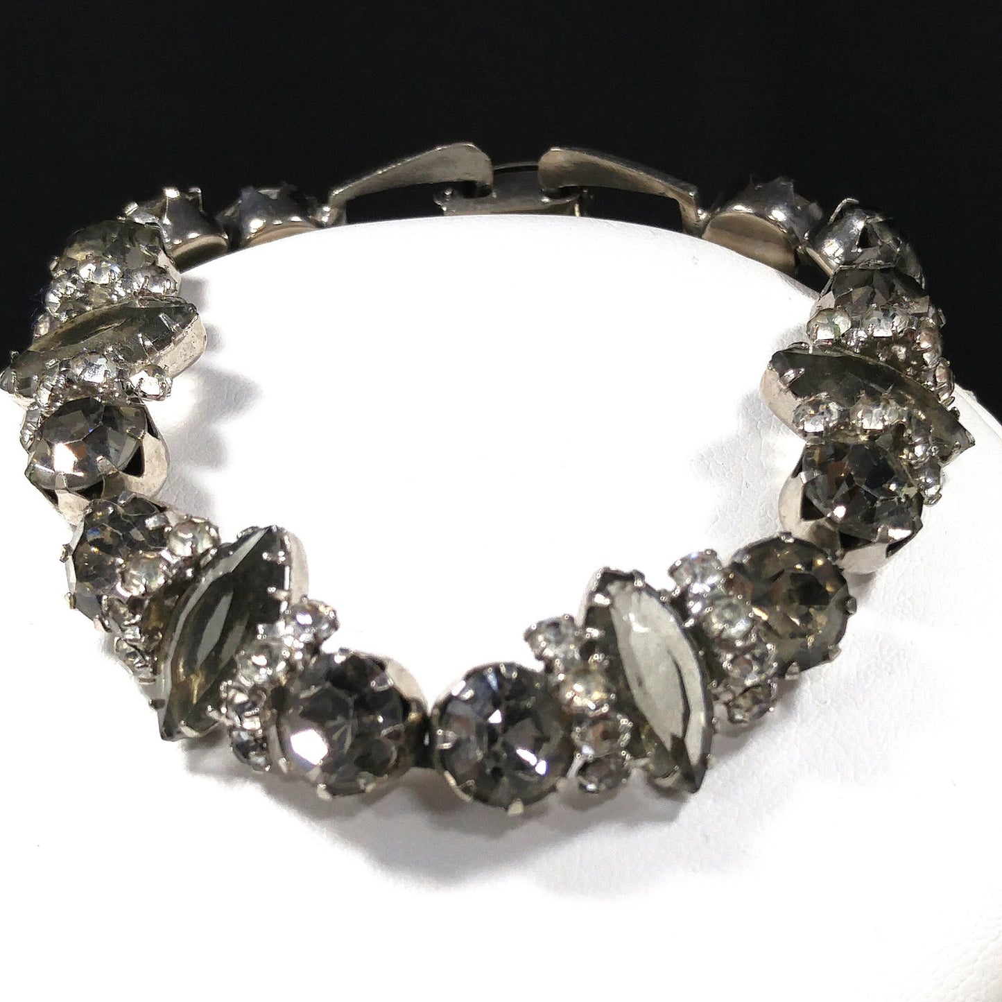 Black Diamond & Clear Rhinestone Jewelry Set, Necklace Bracelet Clip Earrings, 1950s Vintage Jewelry