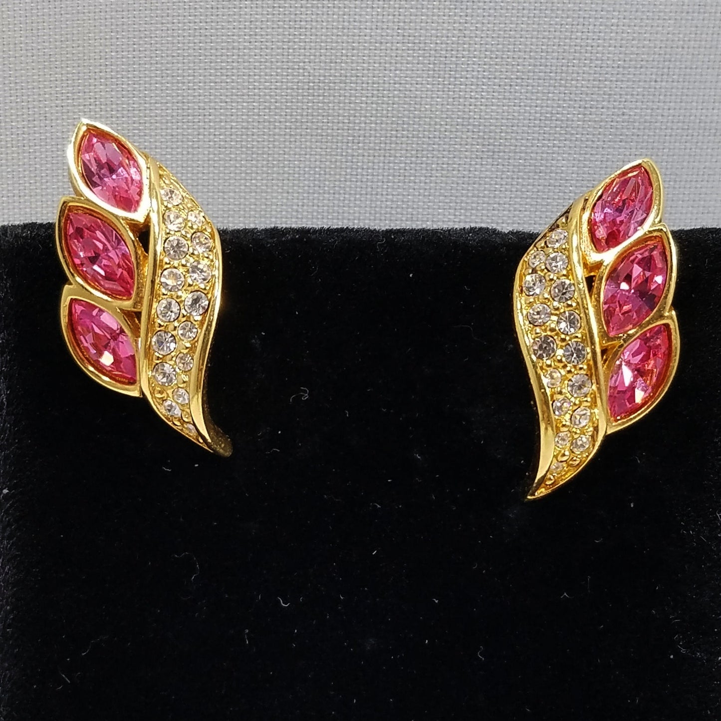 S. A. L. Swarovski Pink Rhinestone Earrings, Gold Plated Post Earrings, 1980s