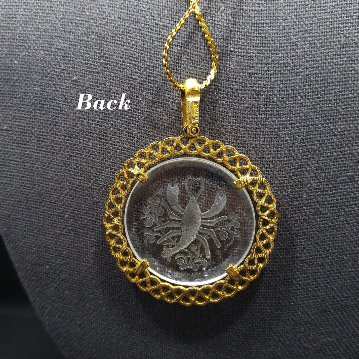 Vintage Crown Trifari Zodiac "Cancer" Necklace, Glass Intaglio Crab, Gold Plated, 1960s Vintage Jewelry
