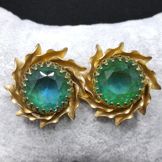 Mid-Century Green Rhinestone Two Flower Brooch, Gold Plated, 1950s Vintage Jewelry