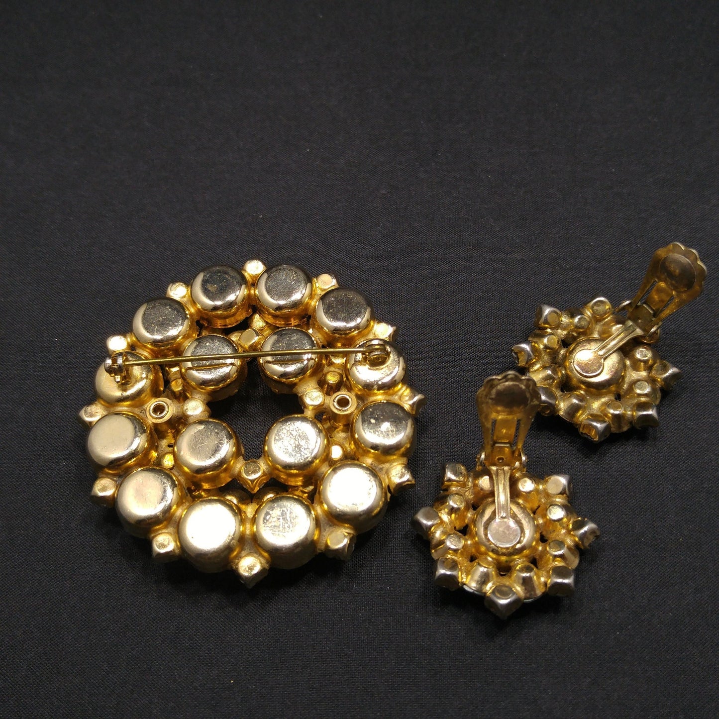 Vintage Unsigned Juliana or Weiss Brooch Earrings Set, Gold Plated, 1960