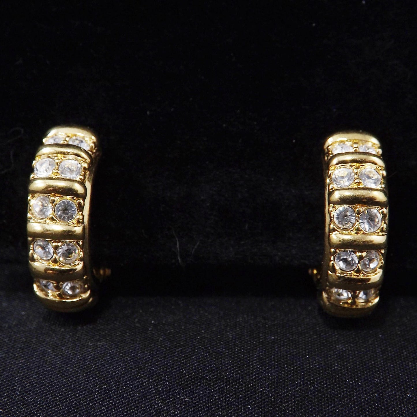 Swarovski Clear Rhinestone Half Hoop Clip On Earrings, Gold Tone, 1990s Vintage
