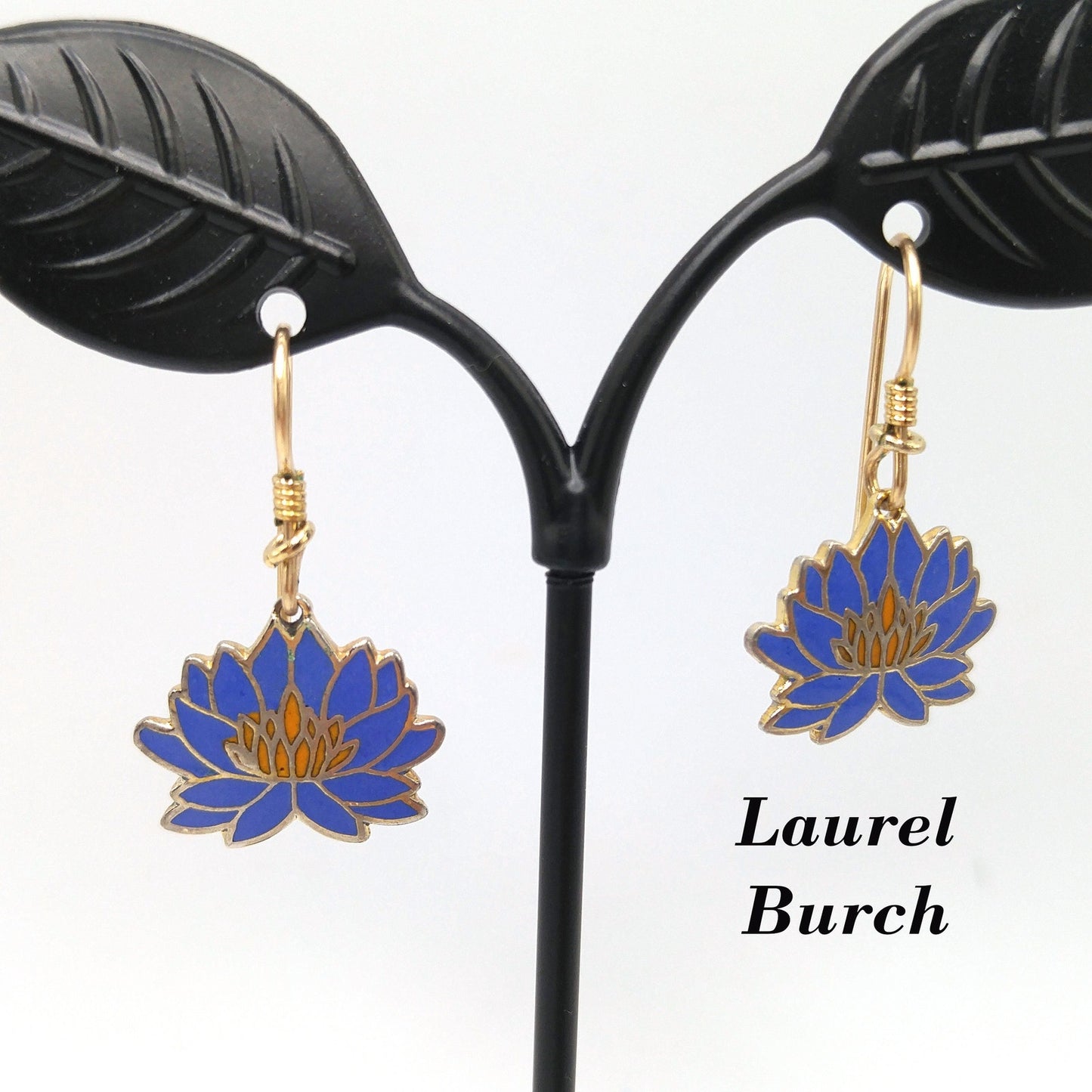 Vintage Laurel Burch Blue Orange Lily Earrings, Enamel Cloisonne, Gold Plated
