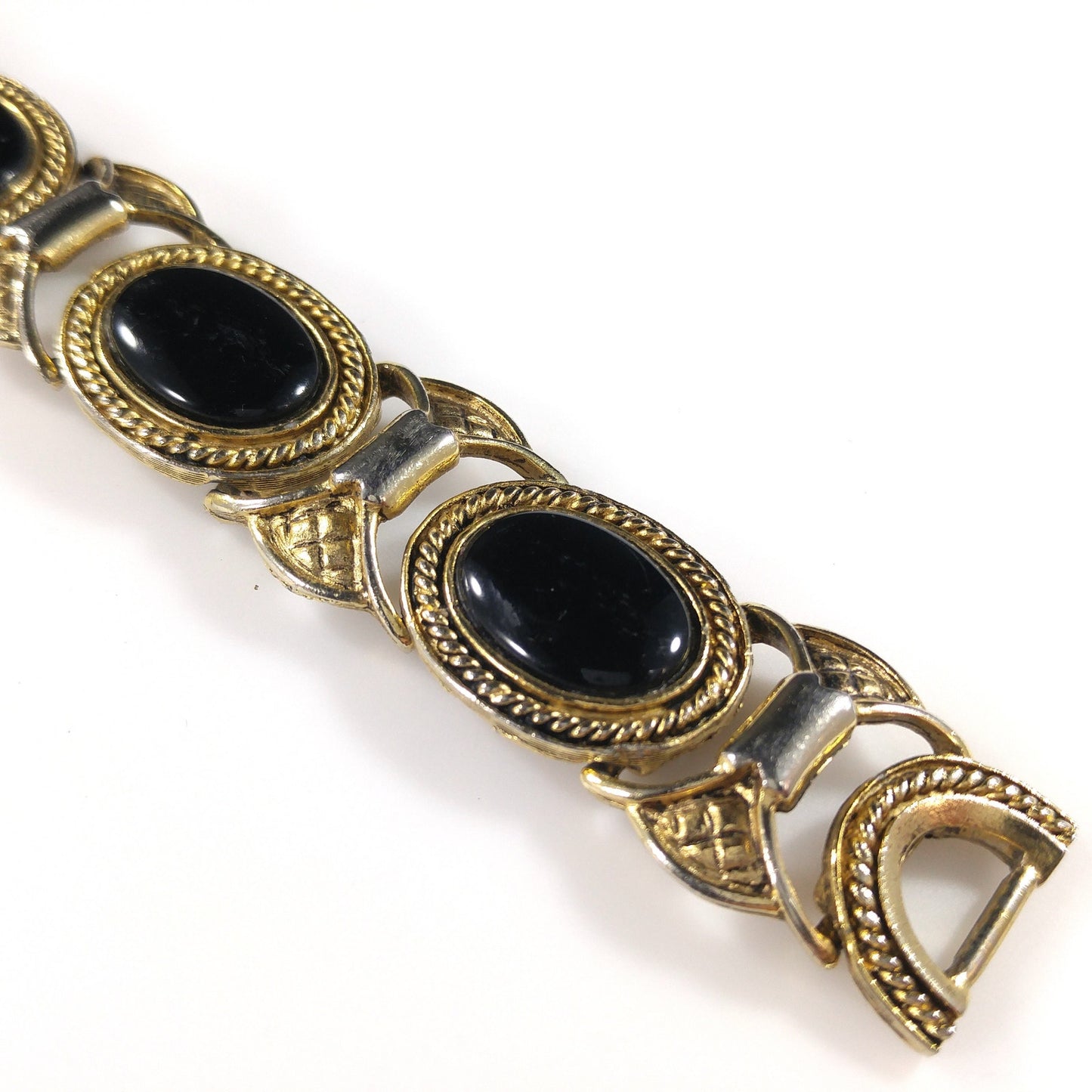 Mid-Century Black Glass Link Bracelet, Gold Plated, 1950s Vintage Jewelry