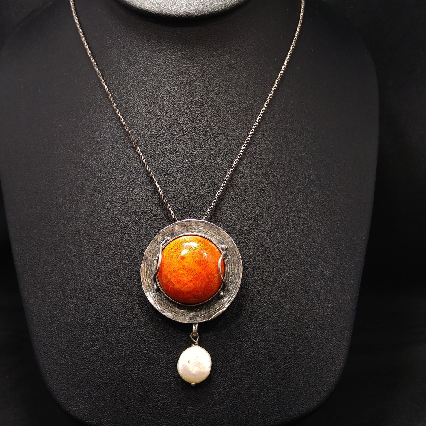 Sterling Silver Israel Artisan Pendant Necklace, Faux Pearl Dangle, 1990s Vintage Jewelry