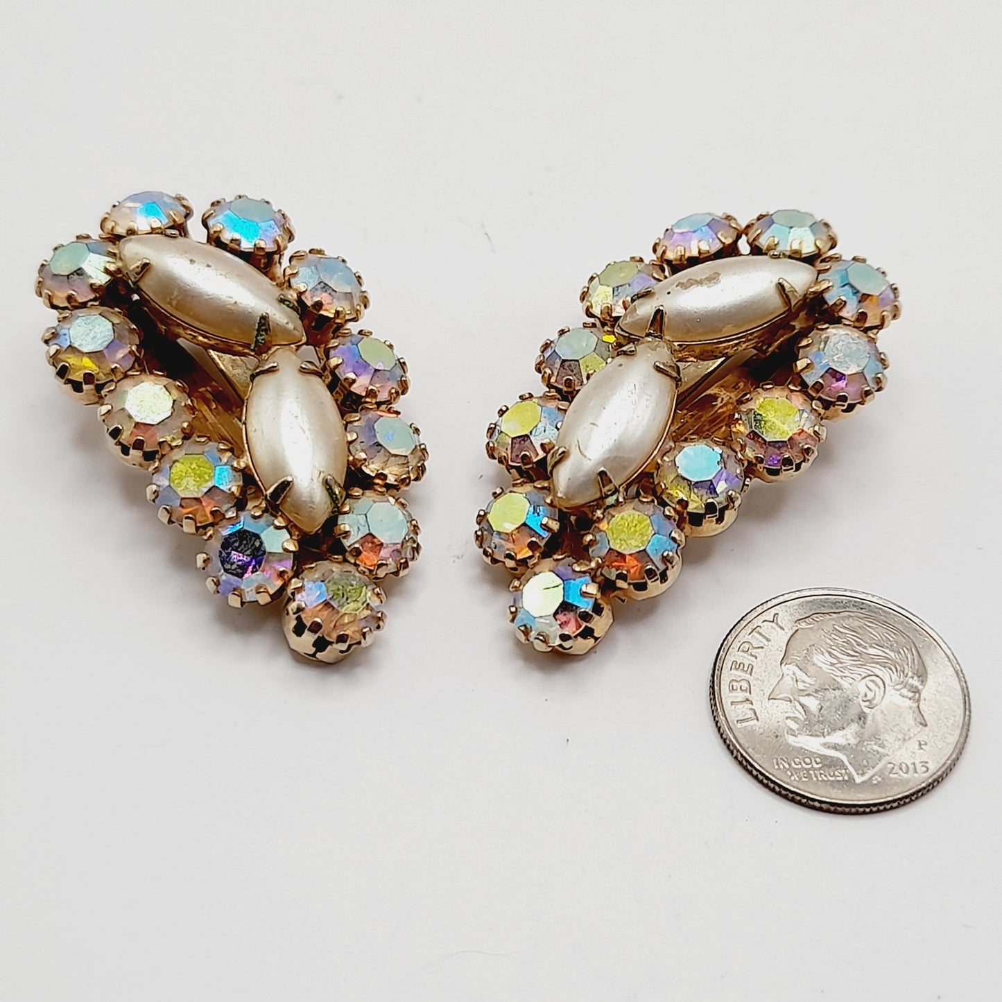 Vintage Aurora Borealis Rhinestone Clip Earrings 1950s Ear Climber Gold Tone