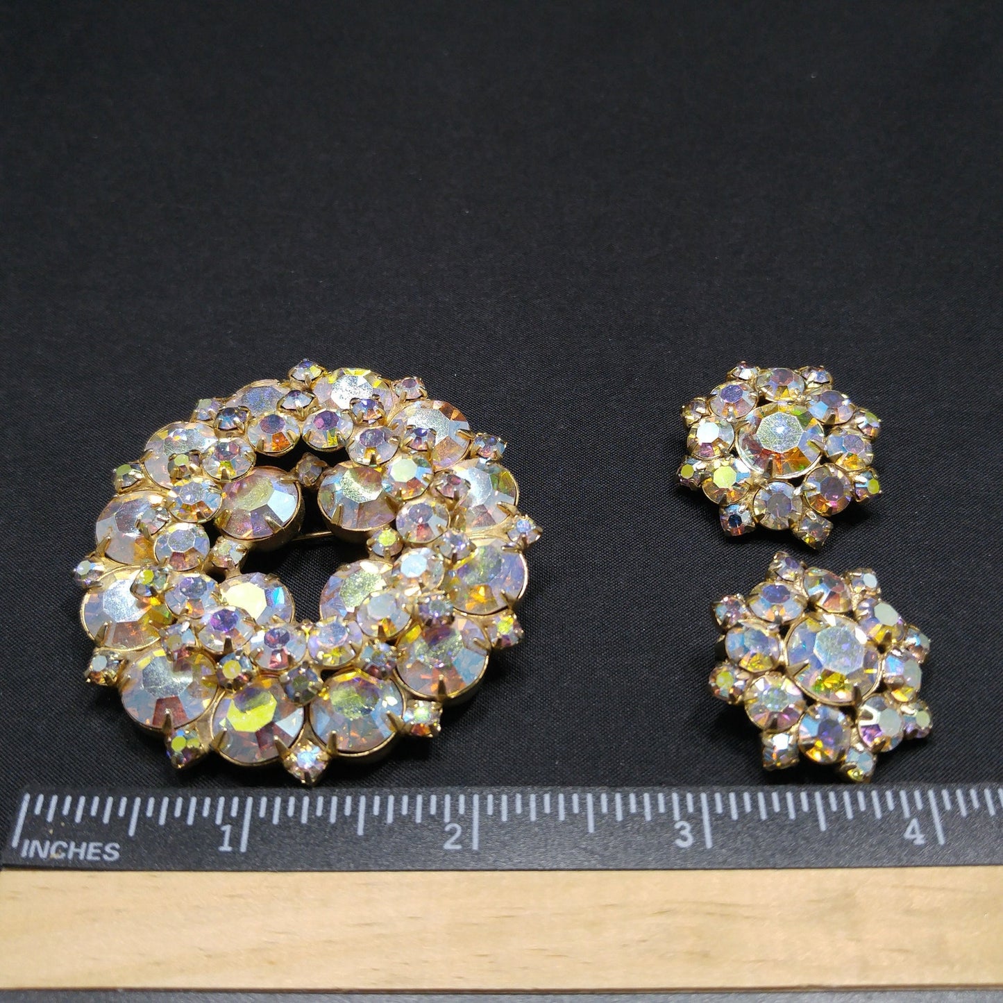 Vintage Unsigned Juliana or Weiss Brooch Earrings Set, Gold Plated, 1960