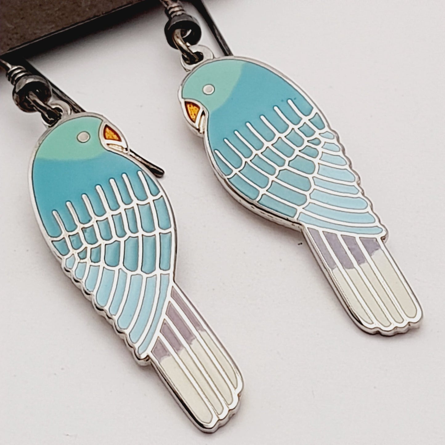 Vintage Laurel Burch Lorikeets Light Blue Enamel Rhodium Plated 1988 Earrings - Silver Plated Earwires - Original Card