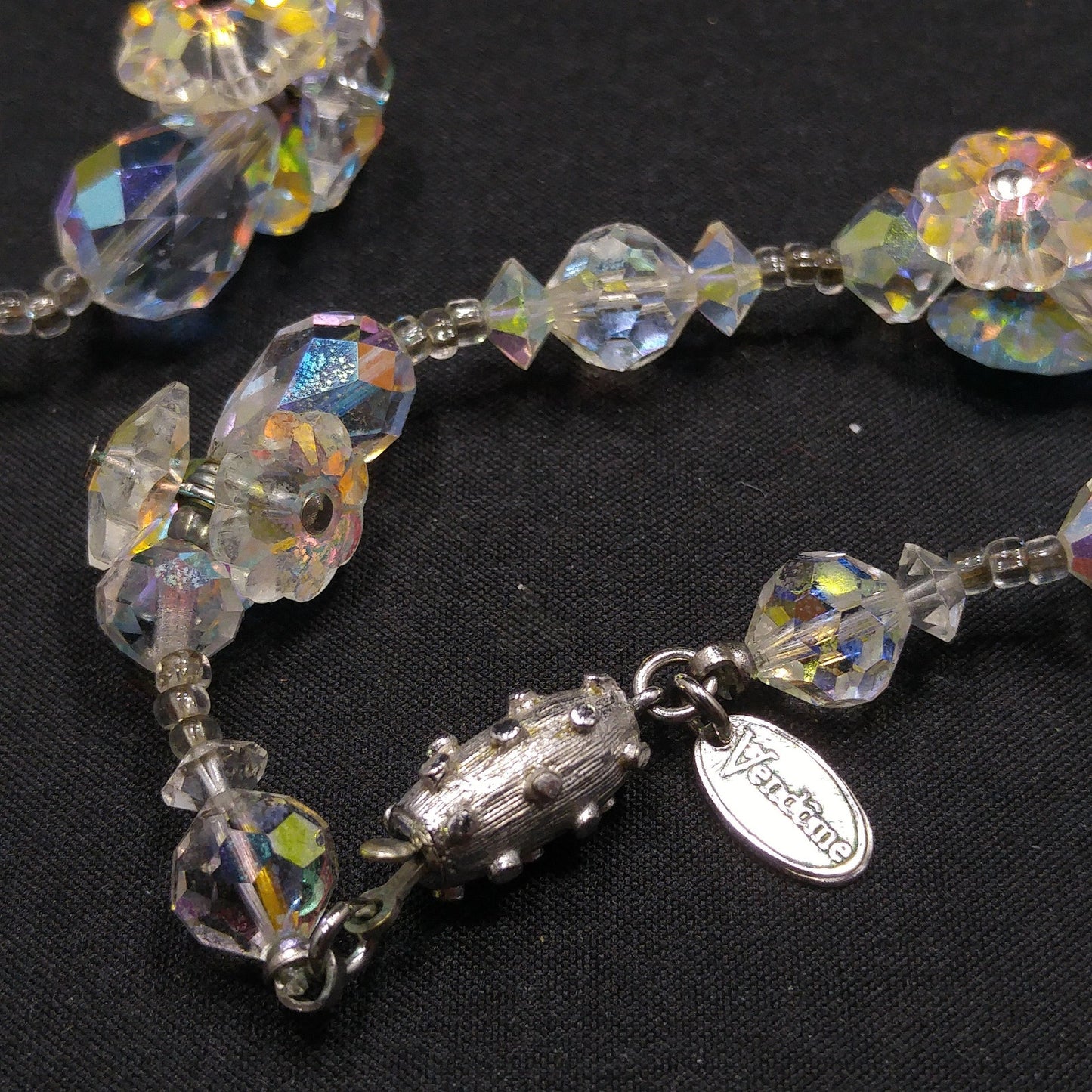 Vendome Flower Margarita Beaded Necklace, Aurora Borealis Clear Crystal Beads, 1960s Vintage Jewelry