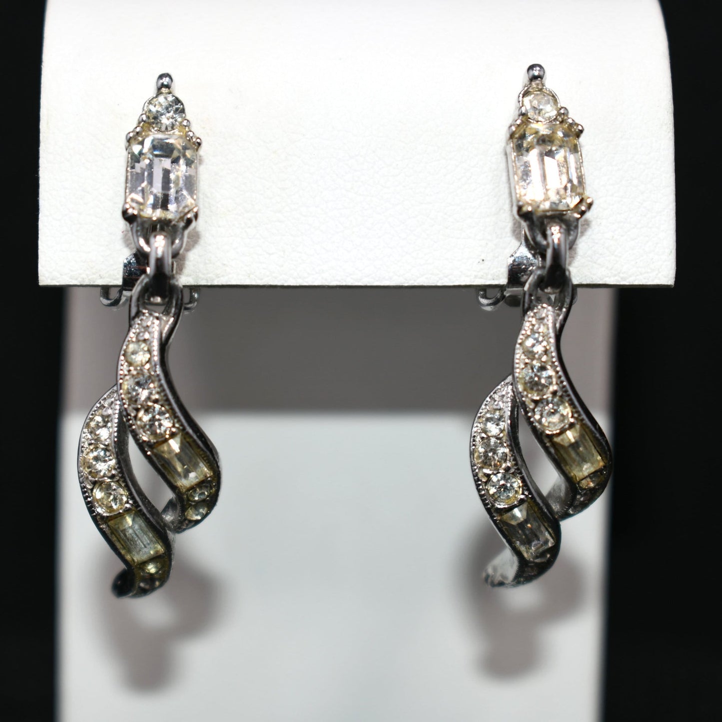 Bogoff Clear Rhinestone Clip Dangle Earrings, Rhodium Plated, Wedding Earrings, 1950s Vintage Jewelry
