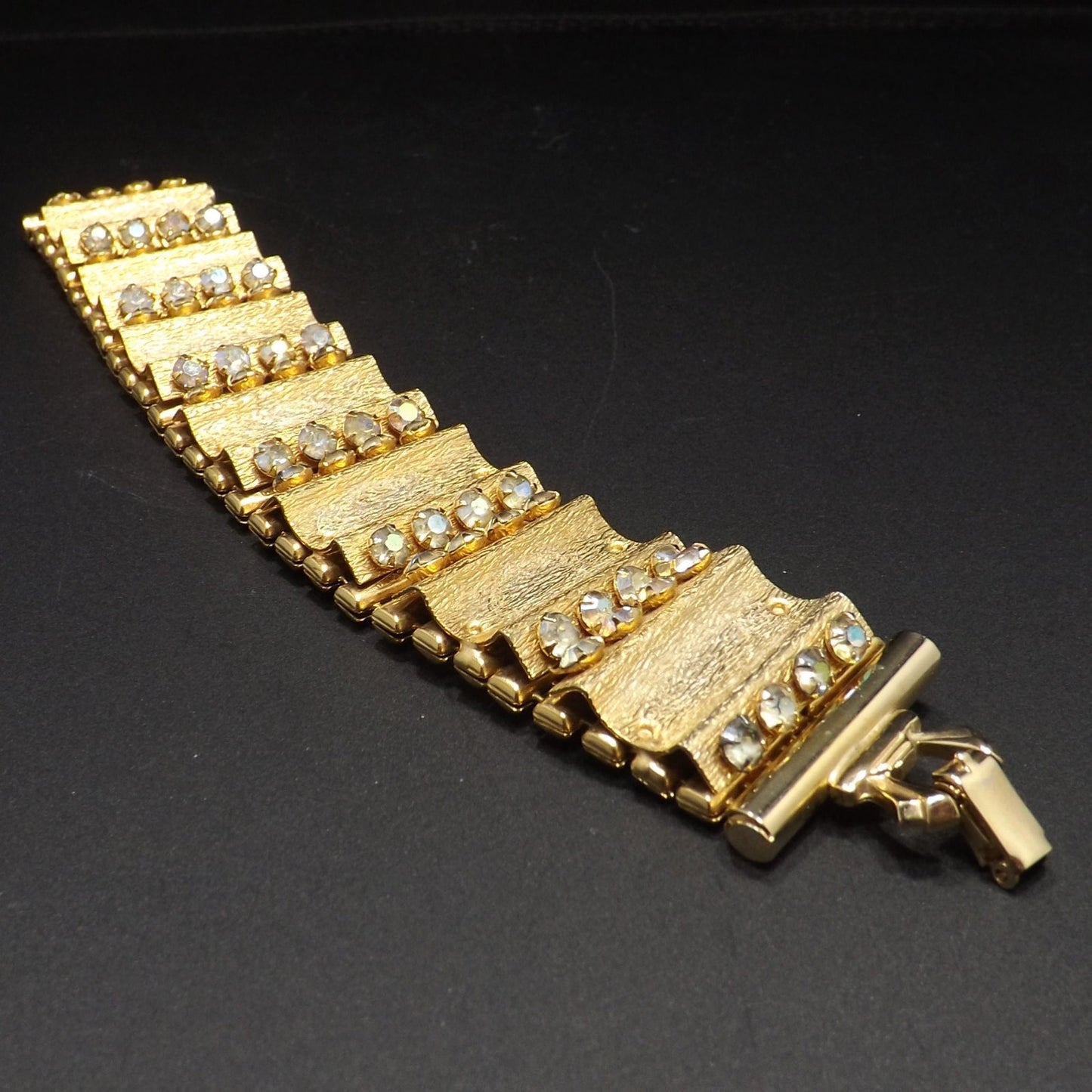 Vintage LERU Aurora Borealis Rhinestone Bracelet, Gold Plate Mid-Century, 7 1/8"