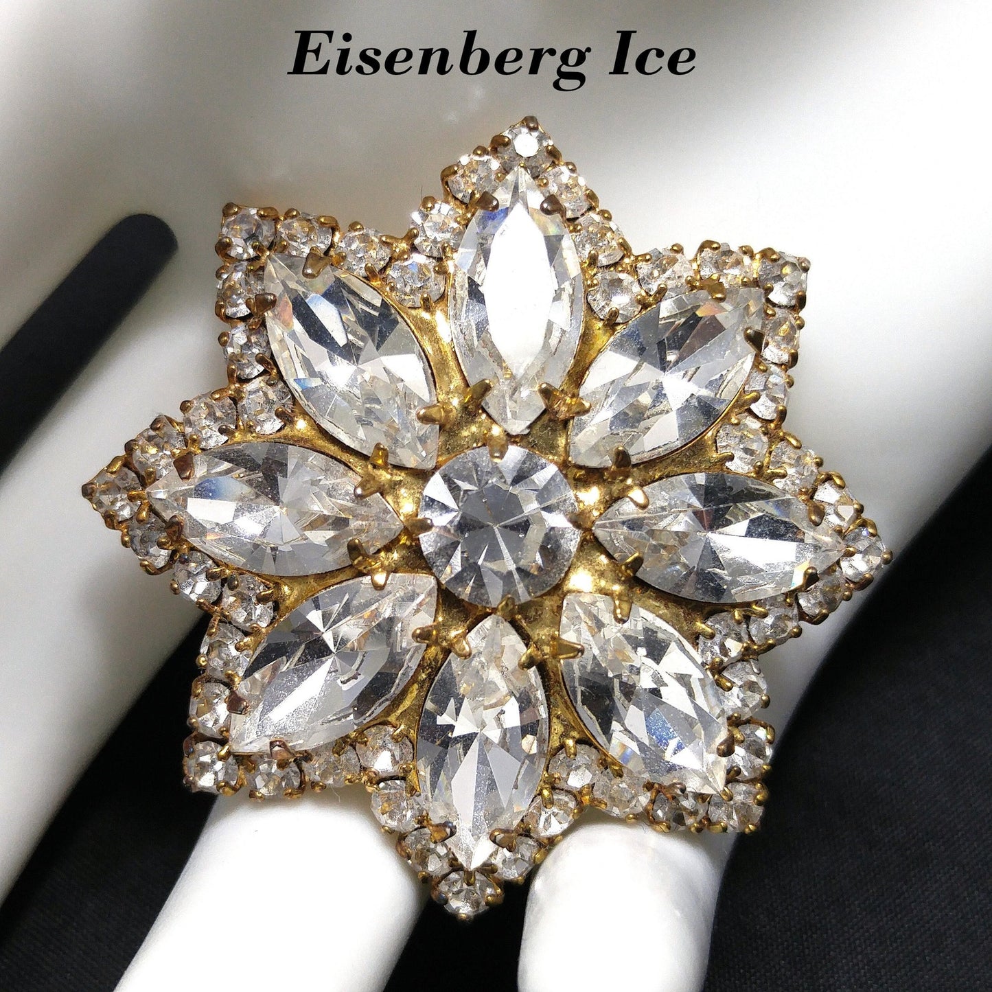 Eisenberg Ice Clear Rhinestone Flower Brooch, Gold Plated, 1960s Vintage Jewelry