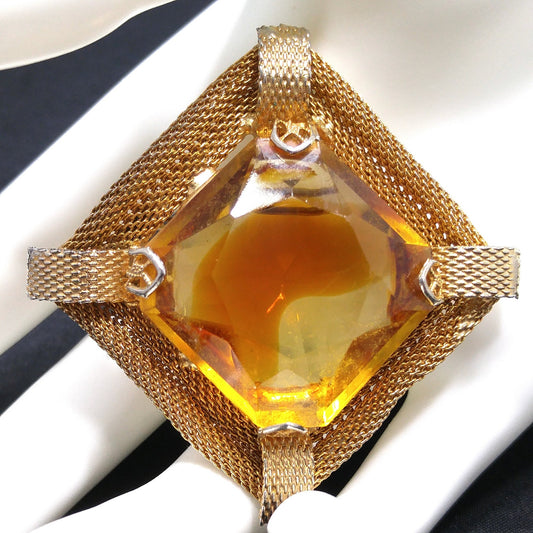 Light Topaz Glass Large Stone Brooch, Gold Plated Mesh Frame, 1960s Vintage Jewelry