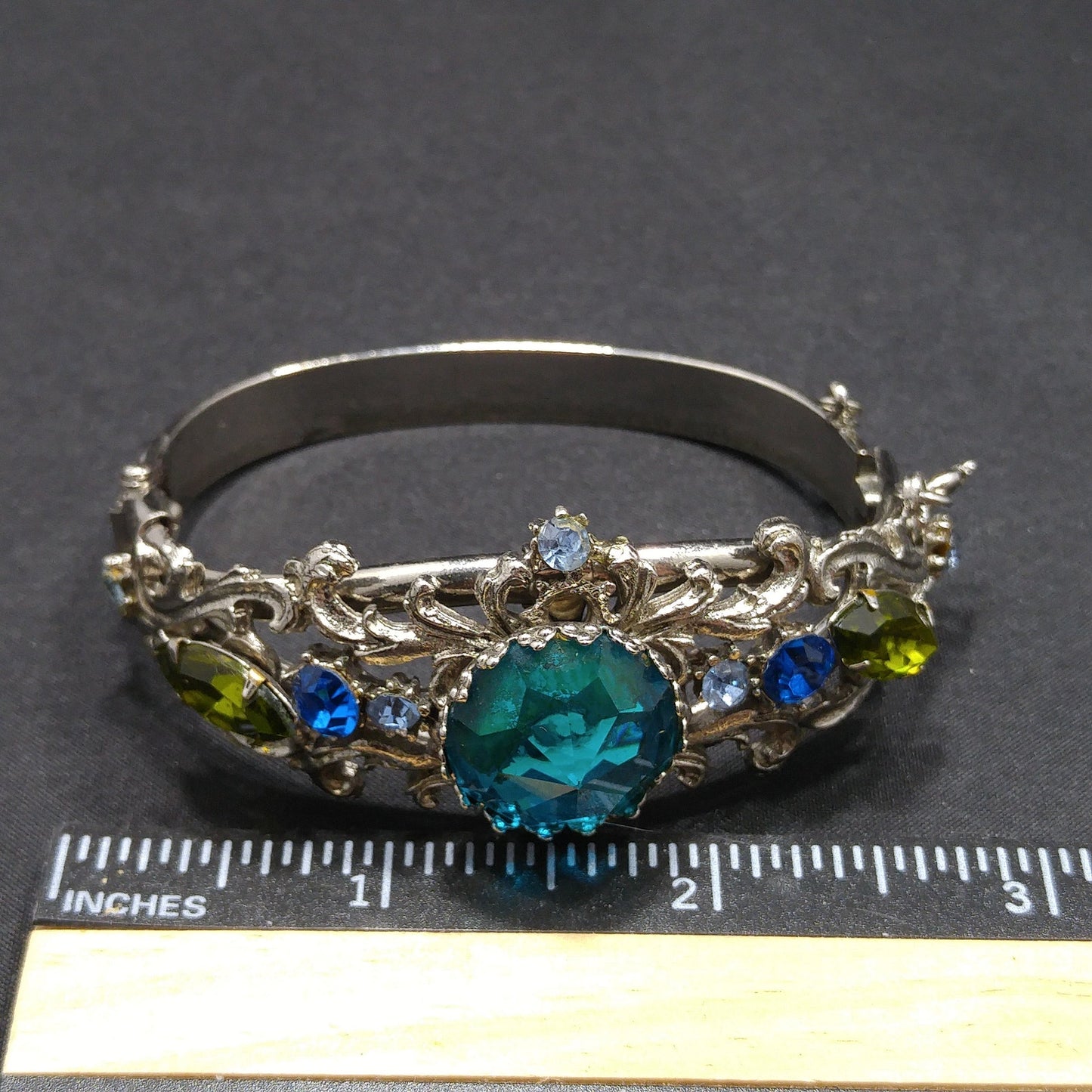 Teal Rivoli Rhinestone Hinged Bracelet, Safety Chain, Rhodium Plated, 1960s Vintage Jewelry