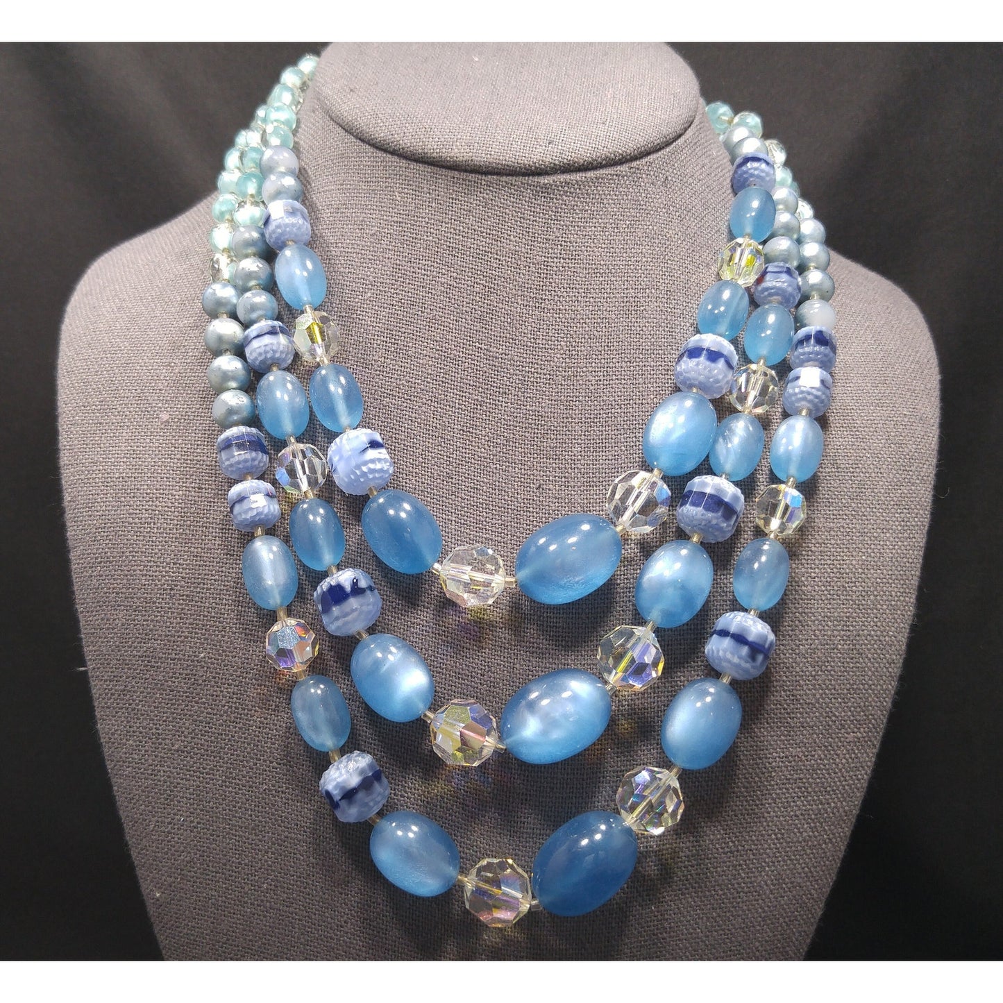Blue Moonglow Crystal Art Glass Beaded Necklace, Three Strands, Crystal Clasp, 1950s Vintage Jewelry