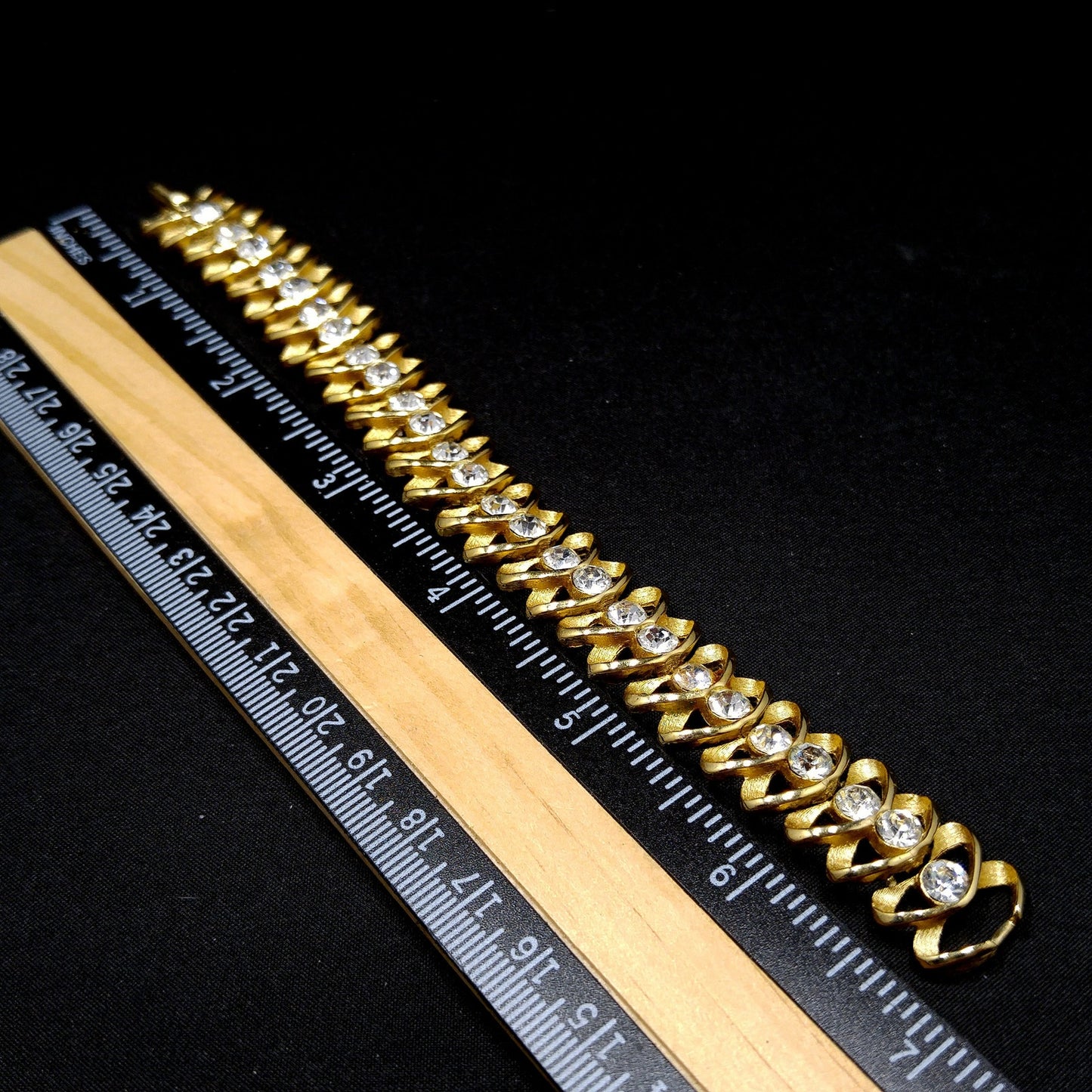 Crown Trifari Clear Rhinestone Bracelet, Gold Plated, 1960s Vintage Jewelry
