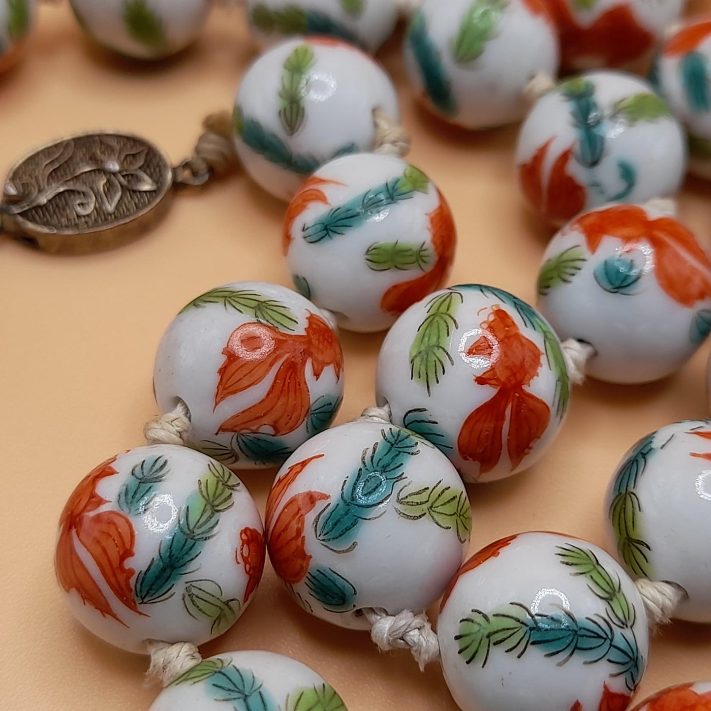 Hand Painted Koi Fish Bead Necklace, Ceramic Hand Knotted Vintage