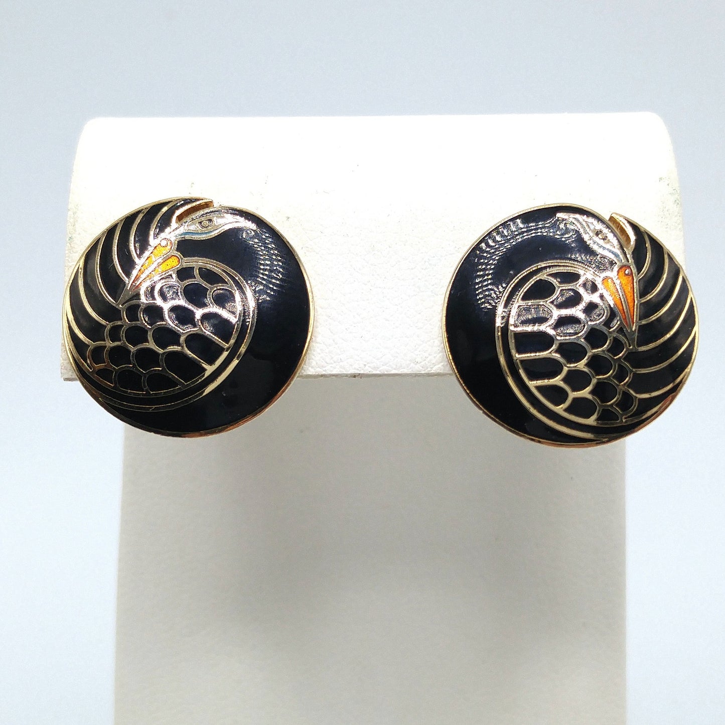 Laurel Burch "Mynah Bird" Black Clip Earrings, Gold Plated, 1980s Vintage