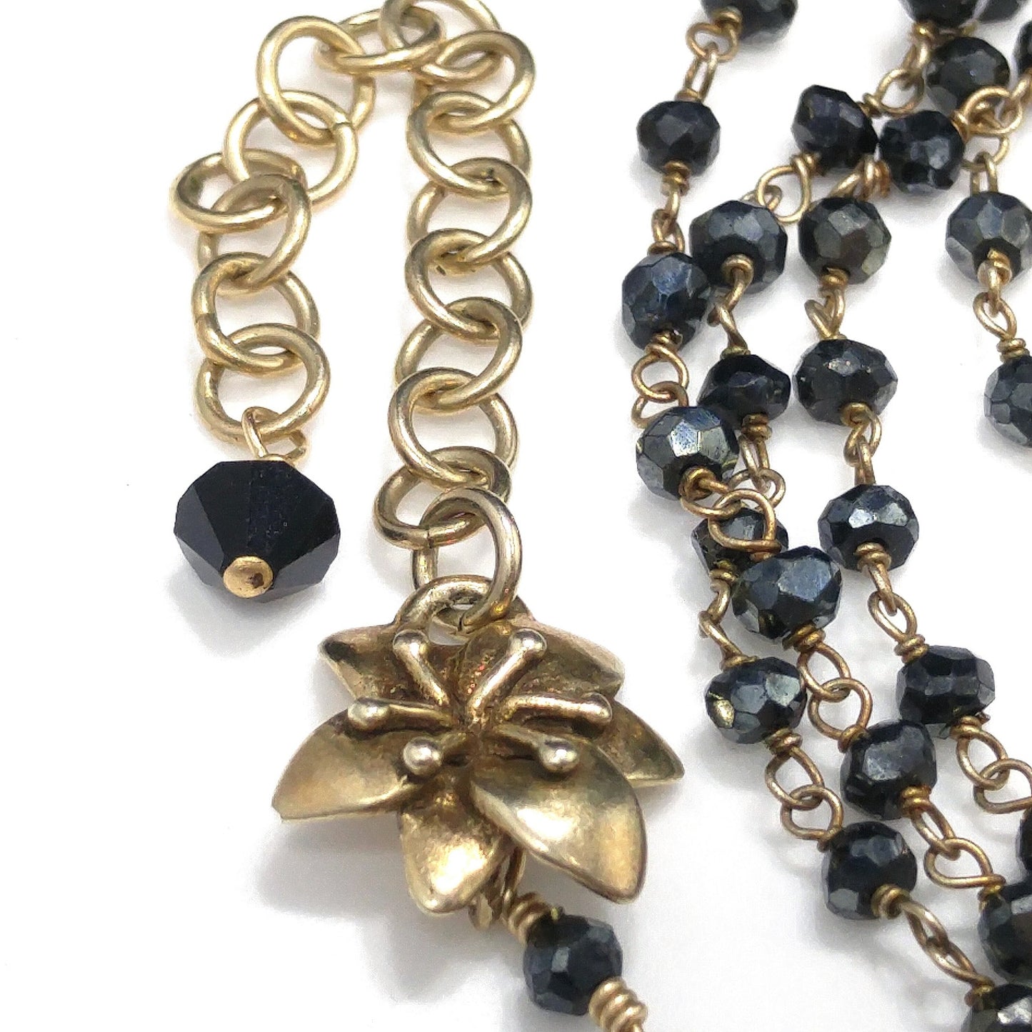Hand Cut Crystal Wire Wrapped Necklace, Four Strands, Gold Silver Flowers, 1940s Vintage Jewelry