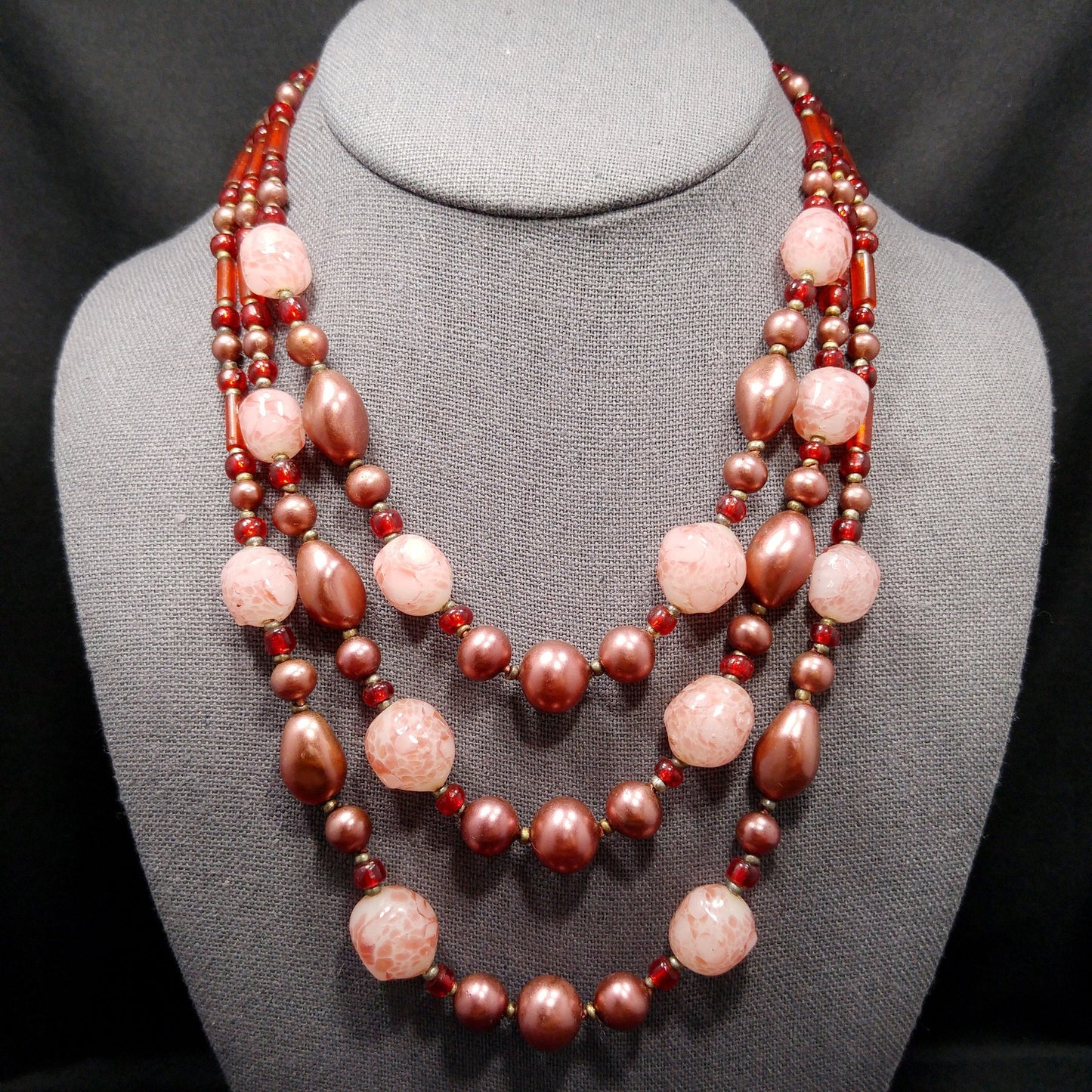 Vintage Art Glass Beaded Necklace, Three Strands, 1940s Vintage Jewelry
