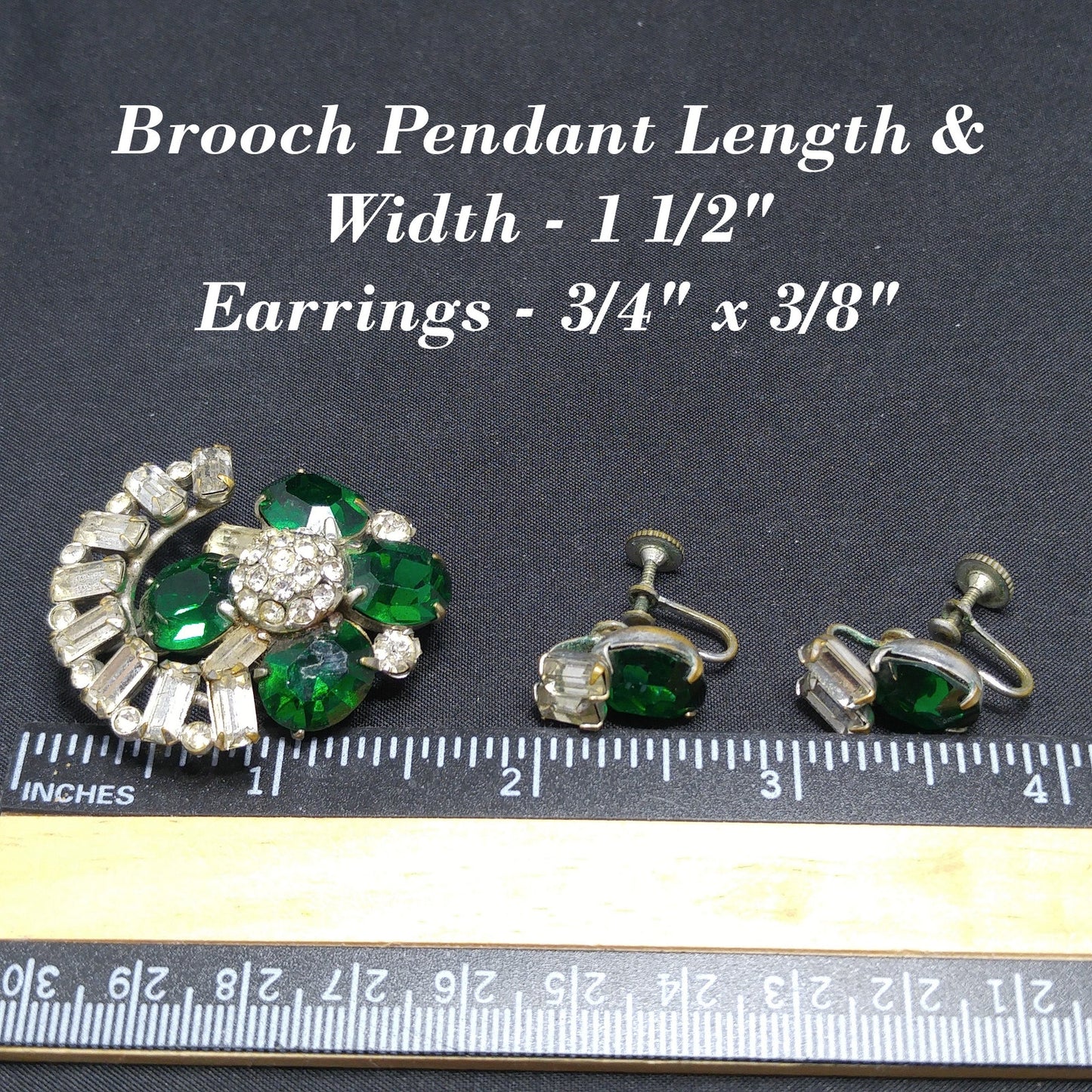Vintage Green Clear Pendant Brooch Screw-back Earrings, 1940s Vintage Jewelry