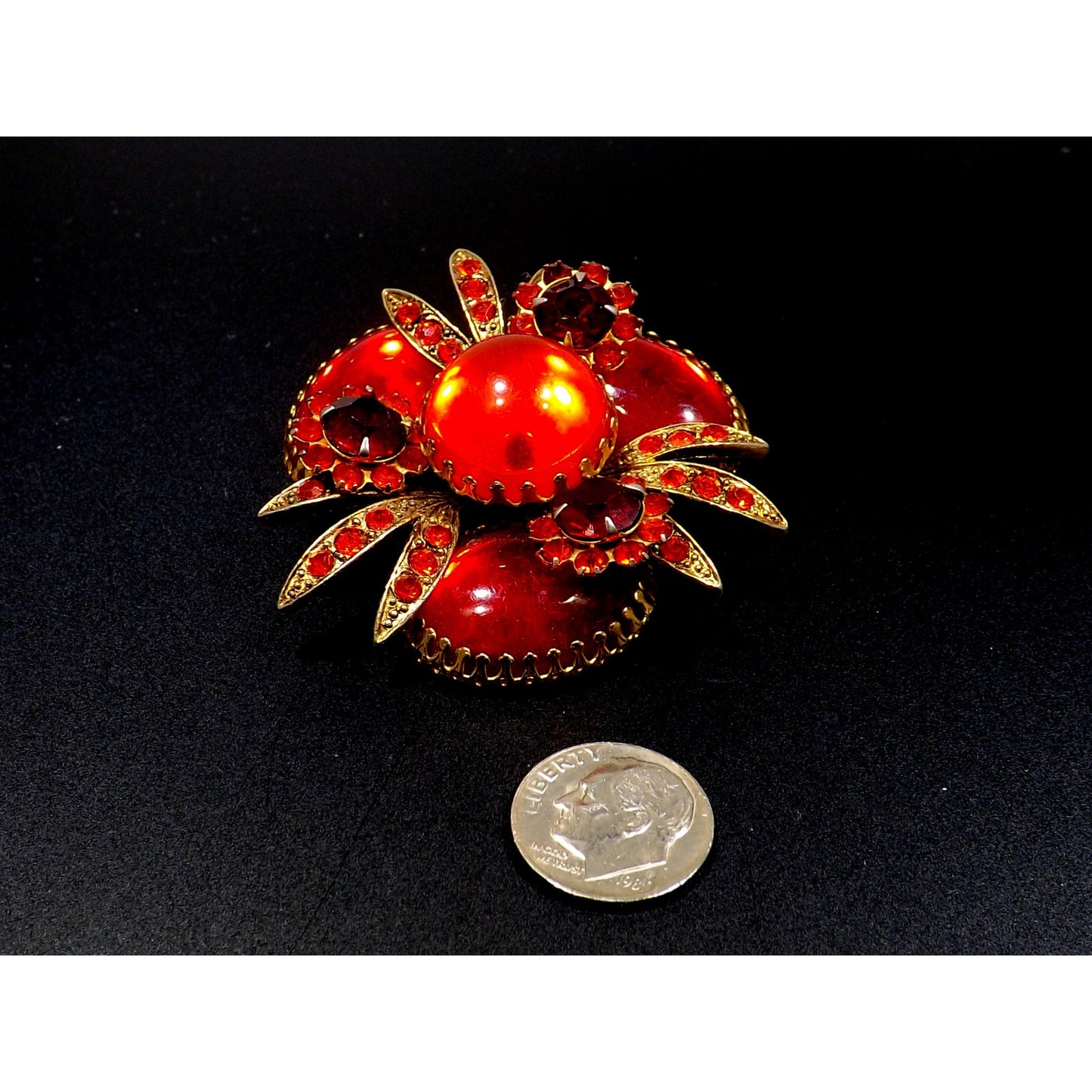 Red Rhinestone Orange Cabs Designer Brooch, Dog Tooth Cabochons, 1960s Vintage Jewelry