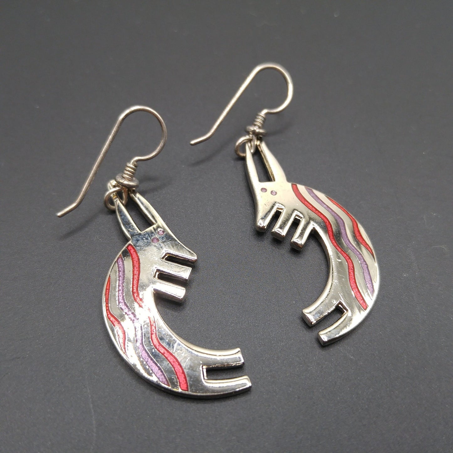 Laurel Burch "Conejo" Rabbit Dangle Earrings, Striped Red Purple Enamel, 1980s Vintage Jewelry