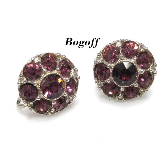Bogoff Purple Rhinestone Screw Back Earrings, Rhodium Plated, 1940s Vintage Jewelry