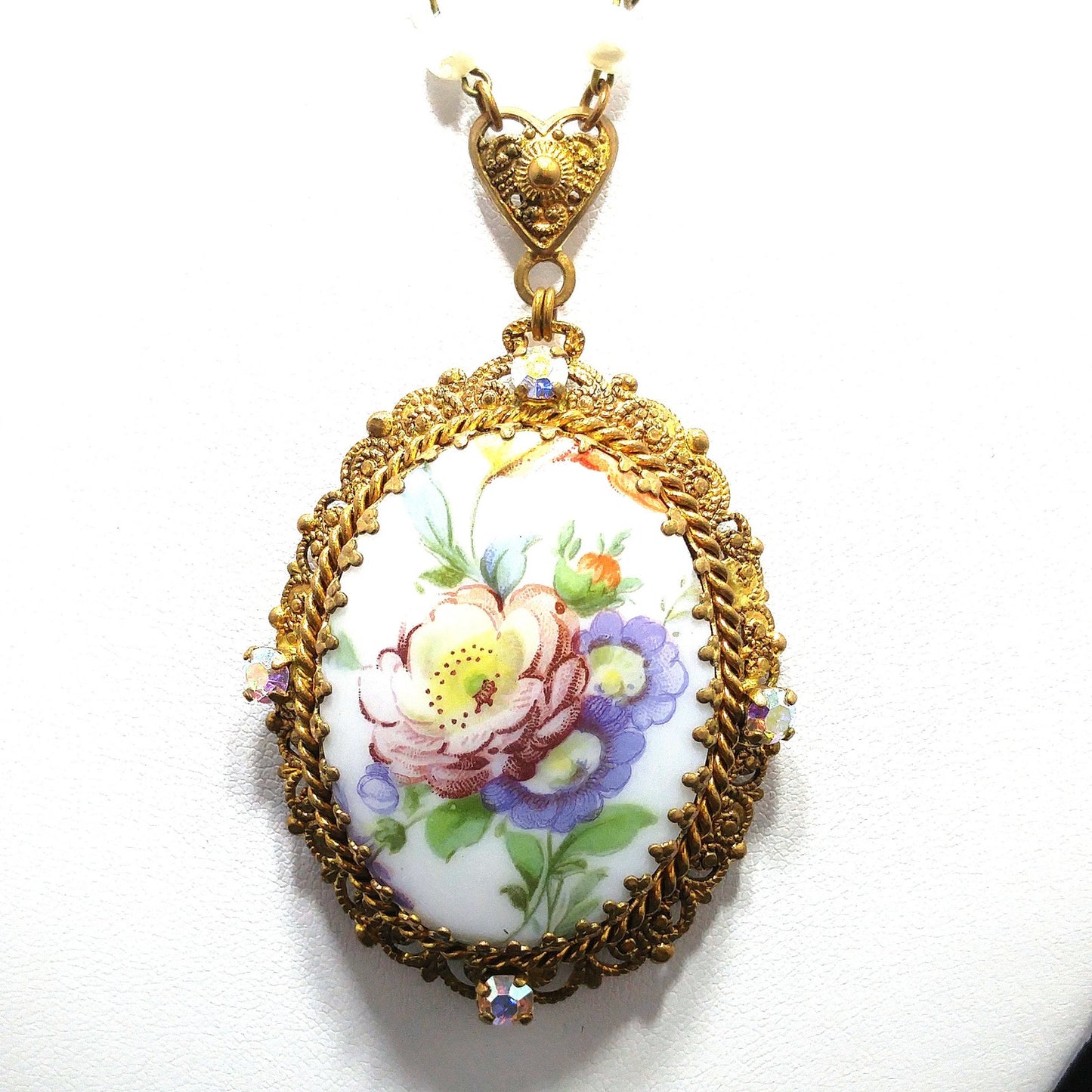 Western Germany Purple Floral Pendant Necklace, Filigree Rhinestones Faux Pearls, 1950s Vintage Jewelry