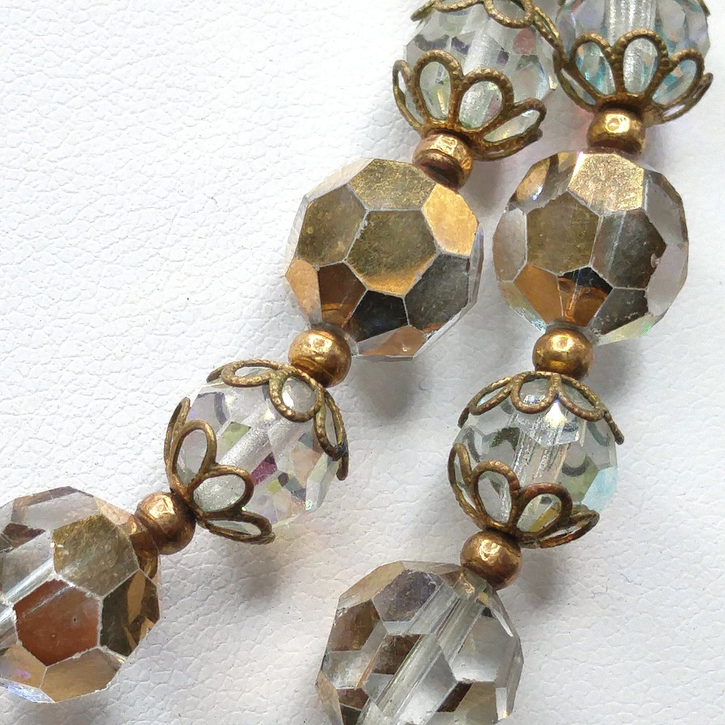 Clear Gold Crystal Beaded Necklace, Mid-Century Two Strands, 1960s Vintage Jewelry