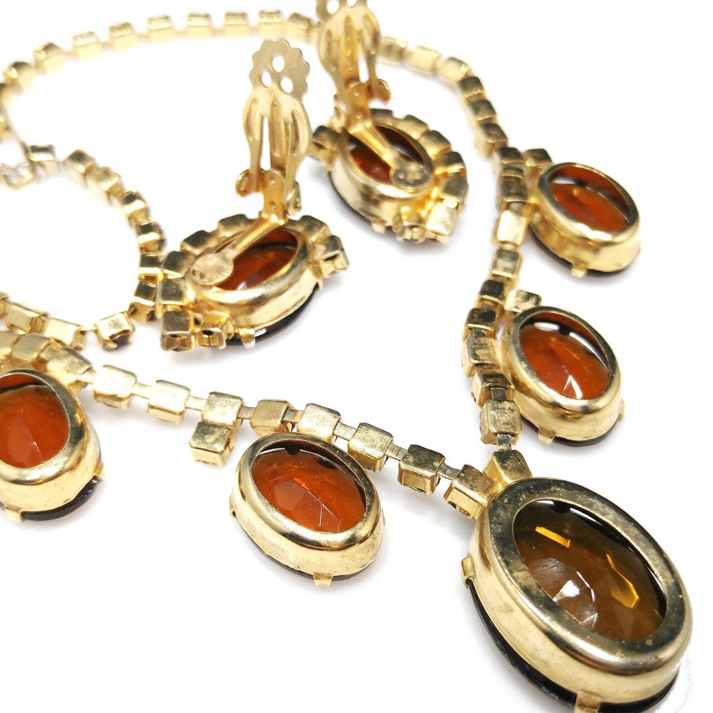 Vintage Topaz Rhinestone Necklace & Earrings, Large Faceted Rhinestones, 1960s Vintage Jewelry
