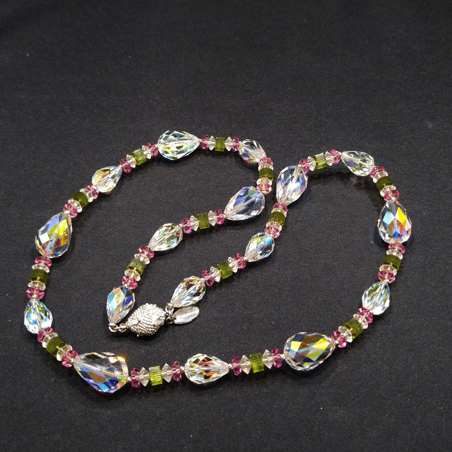 Vendome Crystal Necklace – 1960s Vintage Jewelry with Pear Shaped Swarovski Beads, Pink & Green Accents, 22 Inch Strand