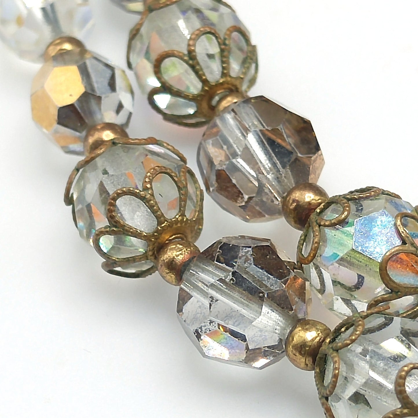 Clear Gold Crystal Beaded Necklace, Mid-Century Two Strands, 1960s Vintage Jewelry