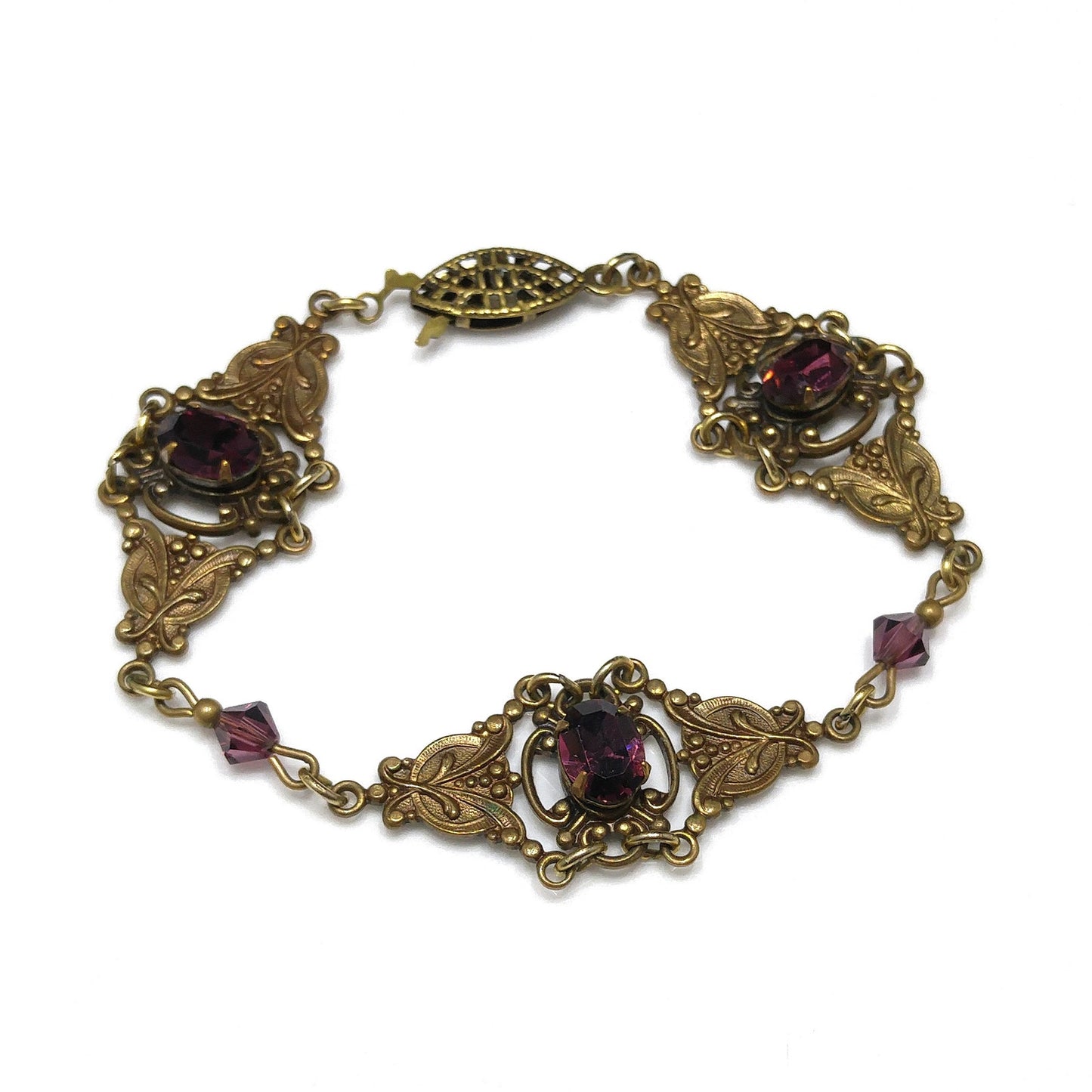 Sadie Green Art Nouveau Purple Bracelet, Golden Brass & Faux Amethyst, 6 3/4" Length, 1980s Vintage Jewelry